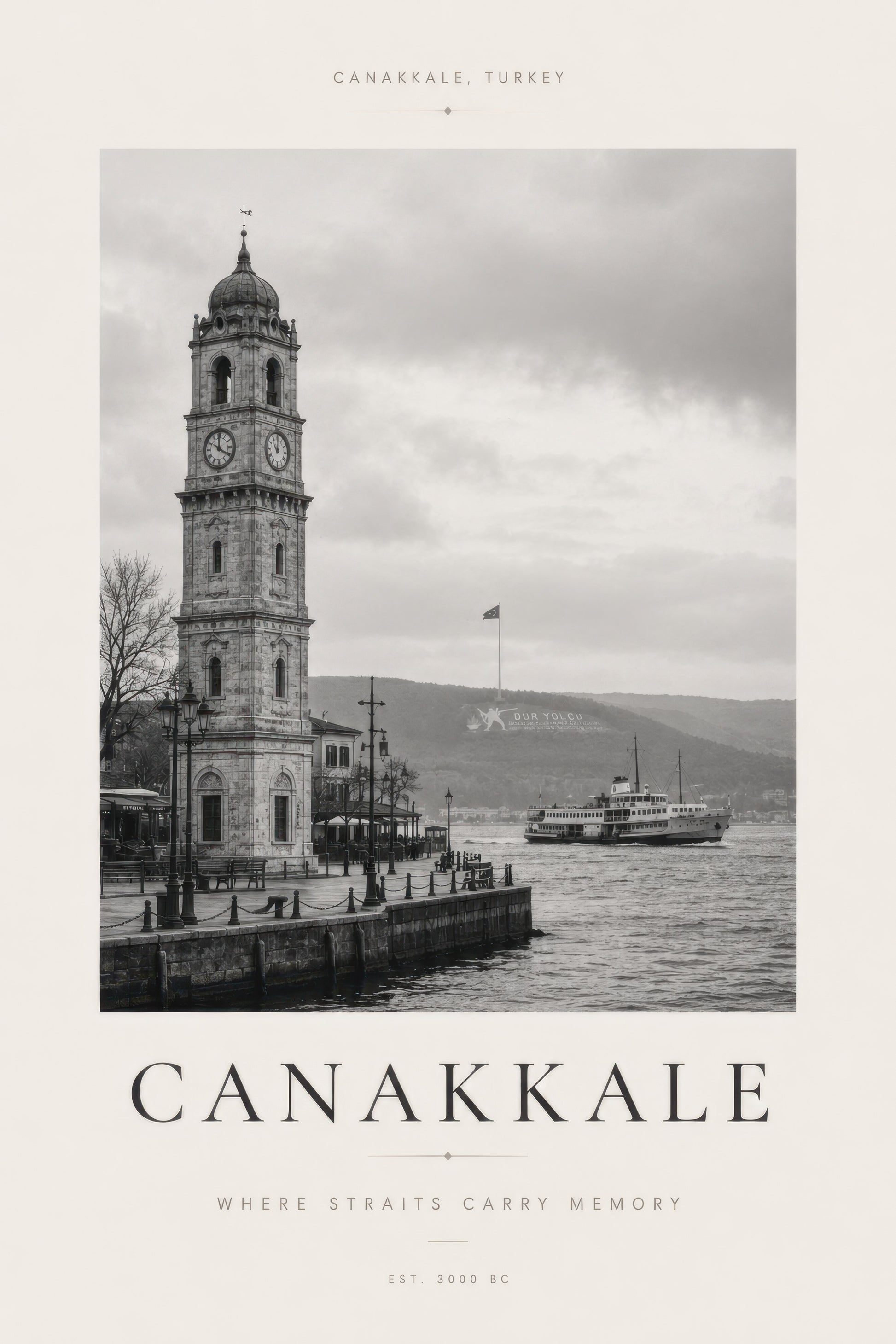 Gri Beyaz Çanakkale Saat Kulesi Nostaljik Fotoğraf Duvar Tablosu
