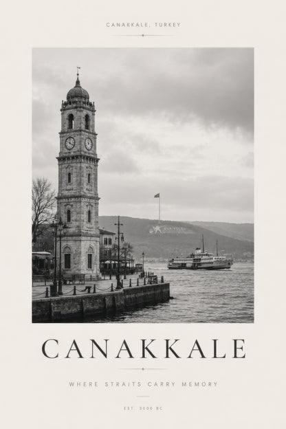 Gri Beyaz Çanakkale Saat Kulesi Nostaljik Fotoğraf Duvar Tablosu