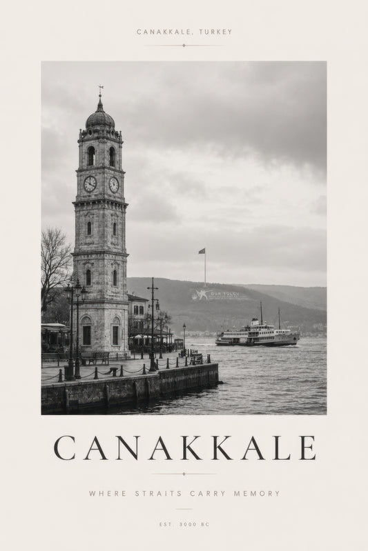 Gri Beyaz Çanakkale Saat Kulesi Nostaljik Fotoğraf Duvar Tablosu