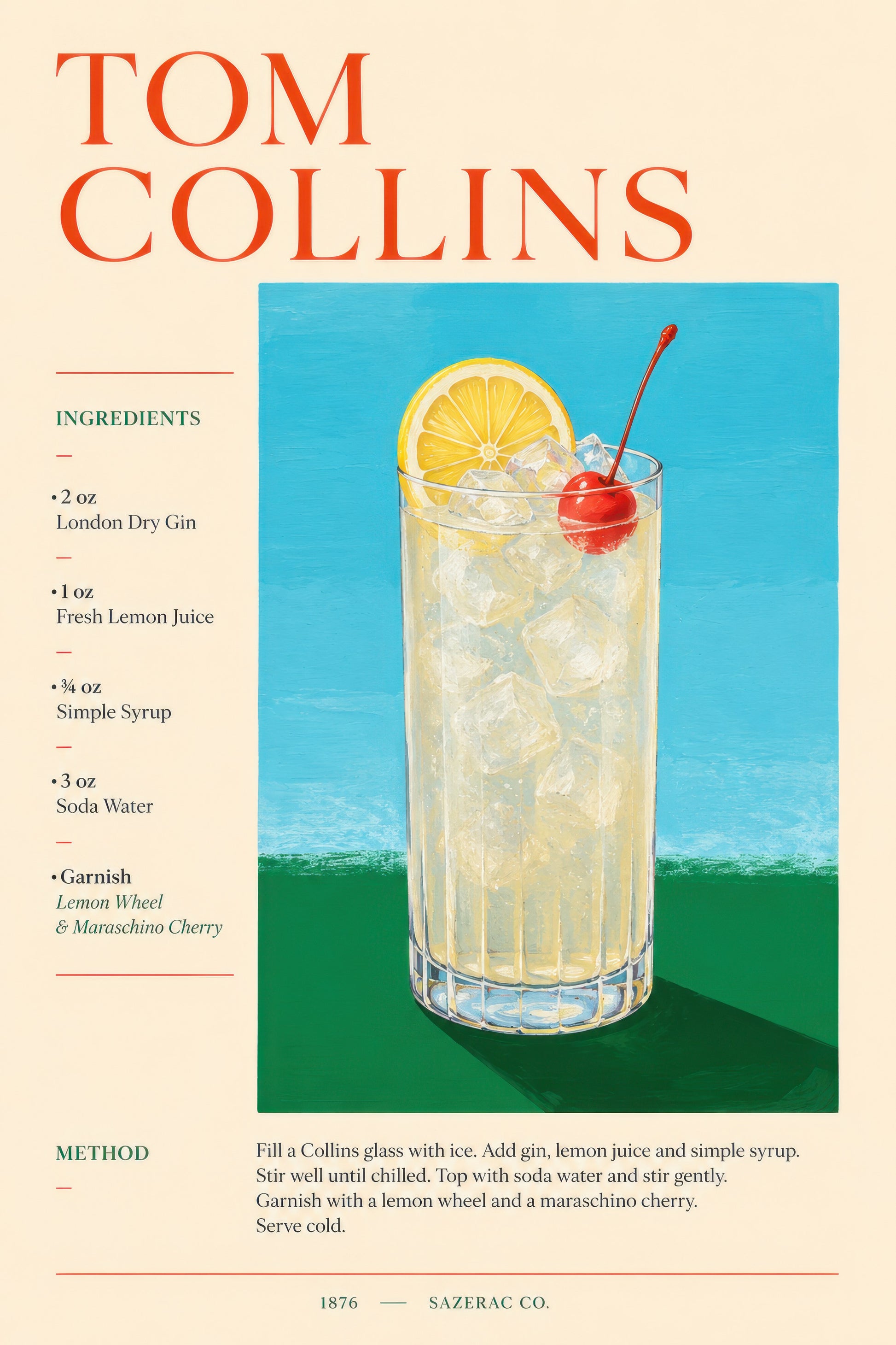 Krem Turkuaz Yeşil Tom Collins Kokteyl Tarifi Retro Duvar Tablosu