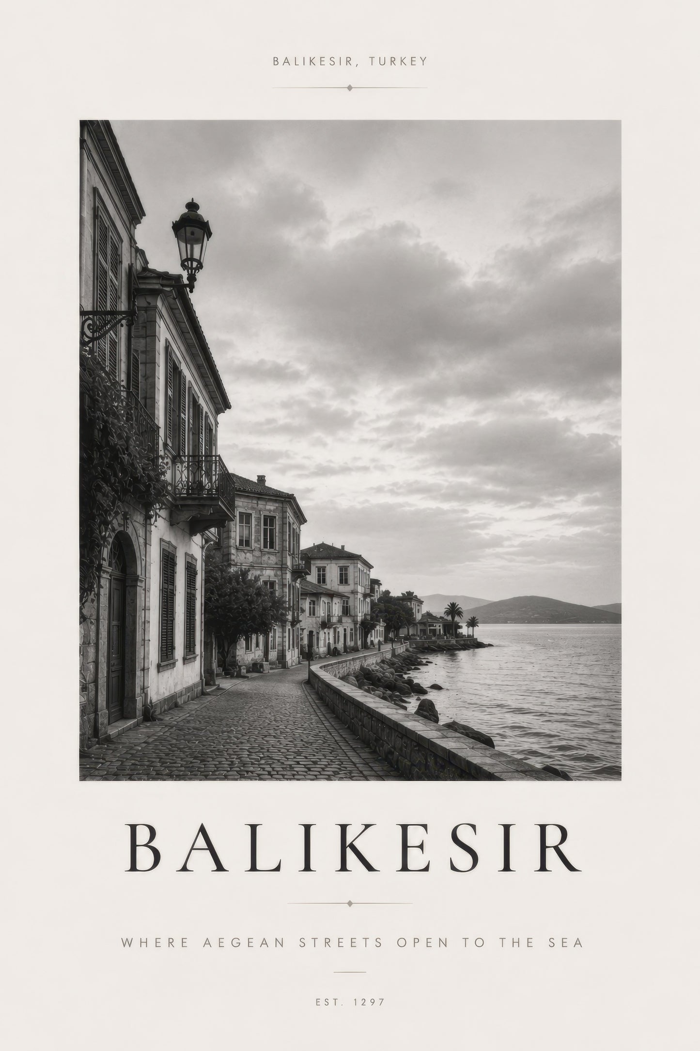 Siyah Beyaz Balıkesir Sahil Manzarası Nostaljik Duvar Tablosu