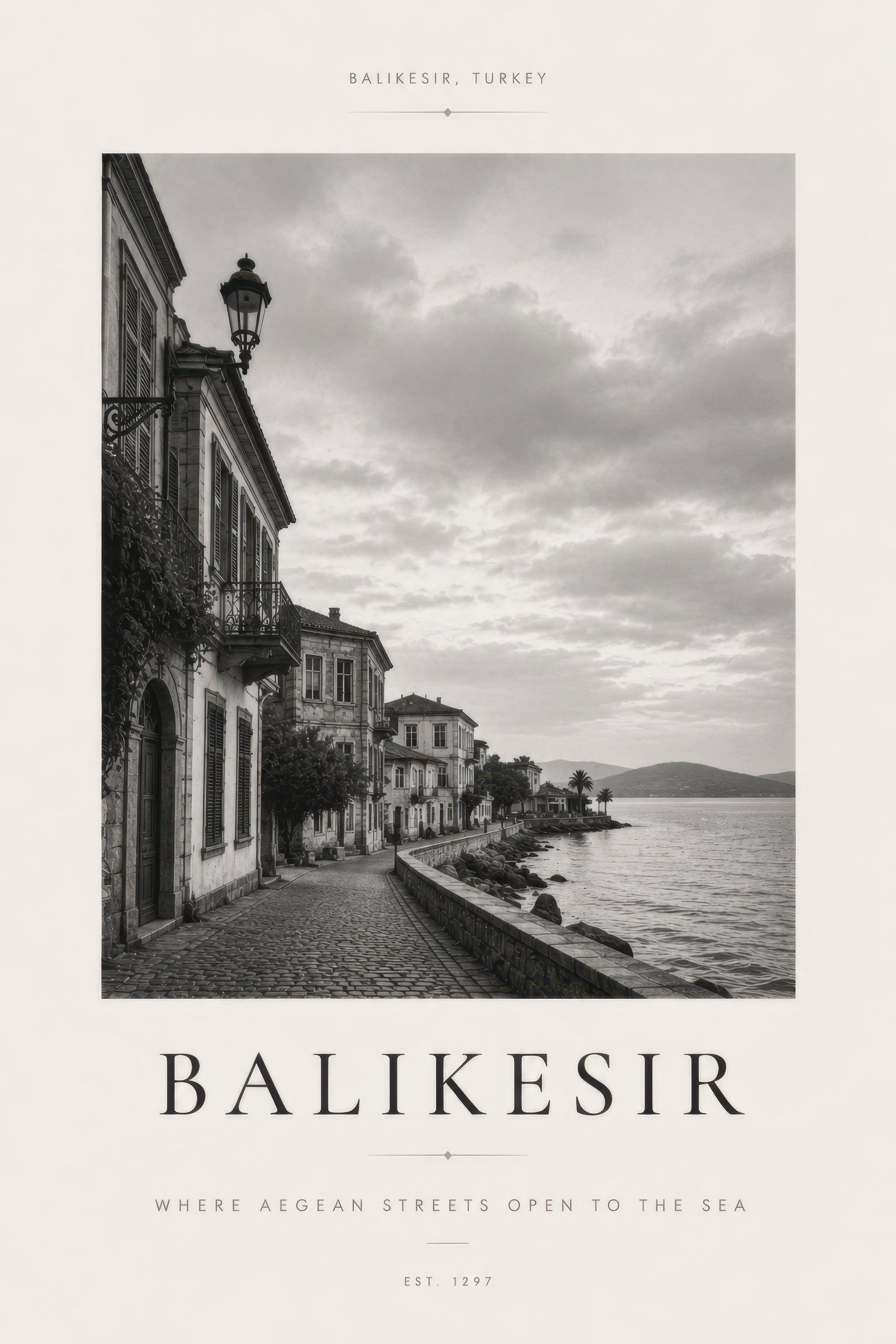 Siyah Beyaz Balıkesir Sahil Manzarası Nostaljik Duvar Tablosu