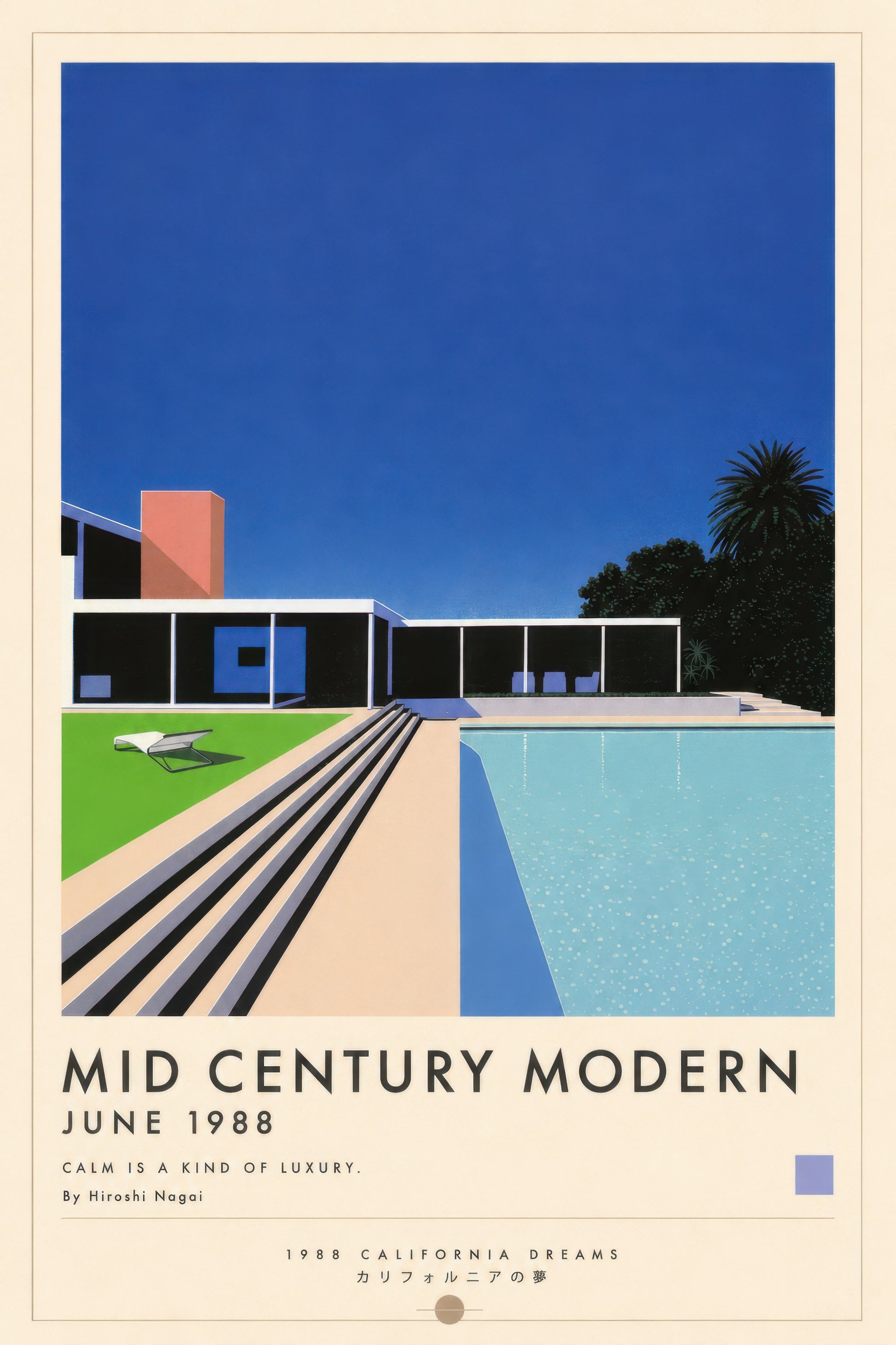 Mavi Turkuaz Mid Century Modern Villa Havuz Manzarası Duvar Tablosu