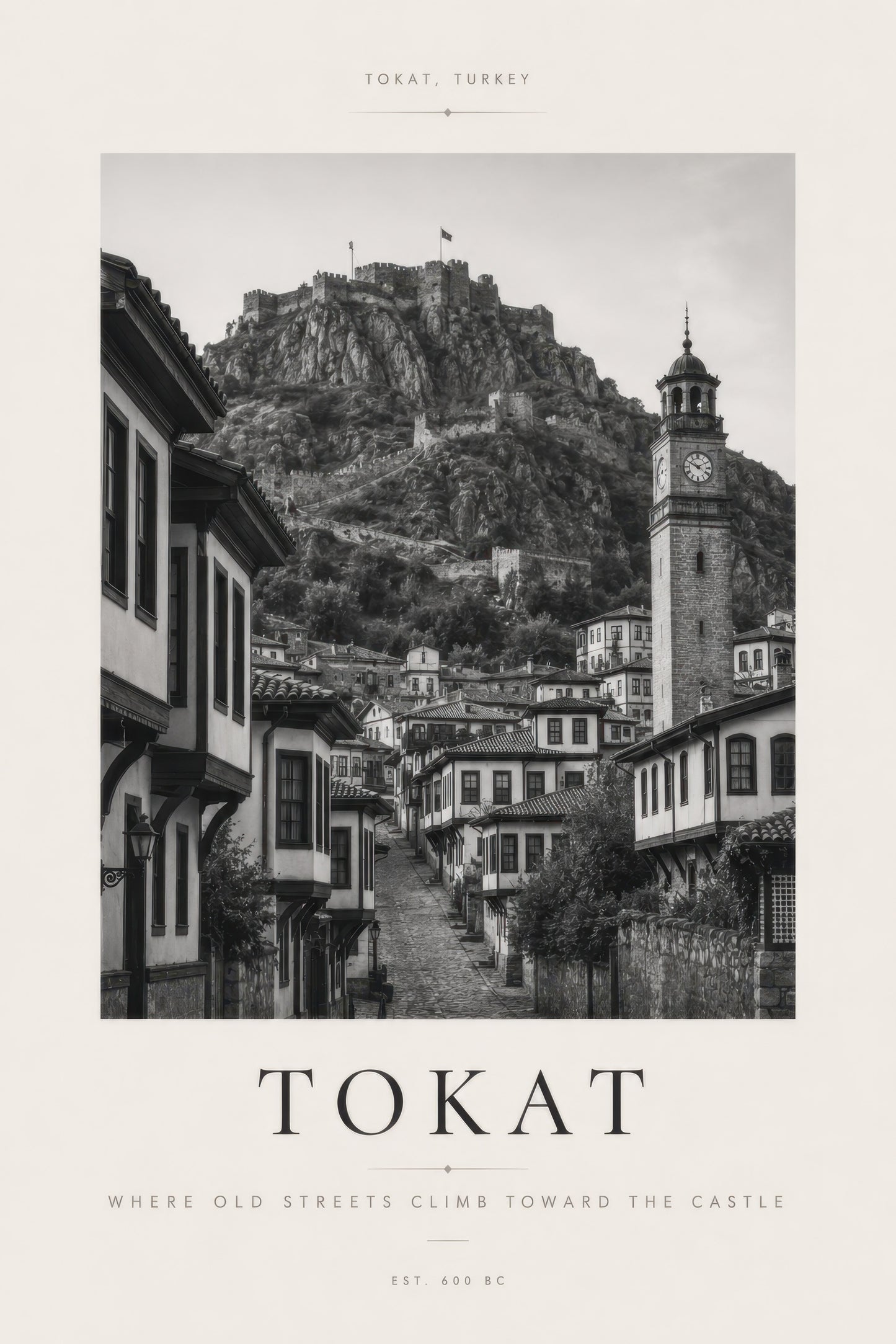Siyah Beyaz Tokat Kalesi Tarihi Sokaklar Fotoğraf Duvar Tablosu