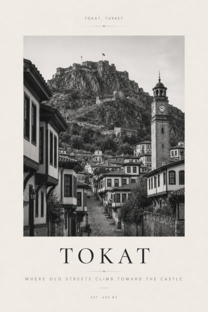 Siyah Beyaz Tokat Kalesi Tarihi Sokaklar Fotoğraf Duvar Tablosu
