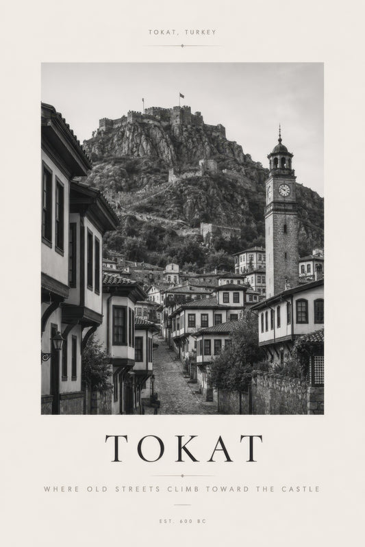 Siyah Beyaz Tokat Kalesi Tarihi Sokaklar Fotoğraf Duvar Tablosu