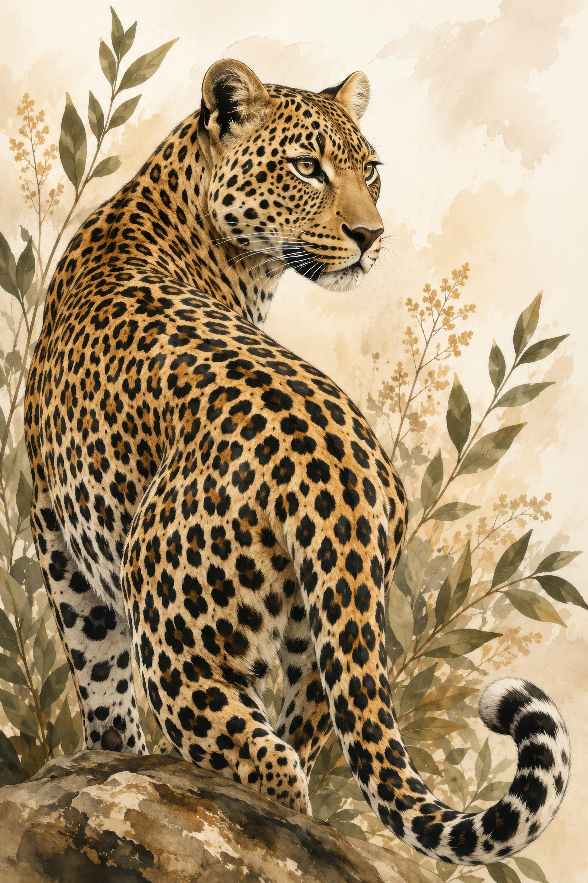 Altın Zeytin Yeşili Leopar Portresi Sanatsal Duvar Tablosu