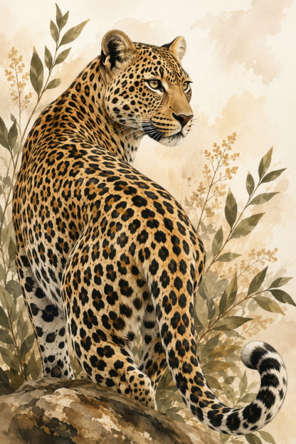 Altın Zeytin Yeşili Leopar Portresi Sanatsal Duvar Tablosu