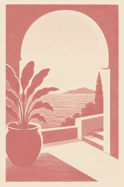 Pembe Krem Akdeniz Manzarası Minimalist Duvar Tablosu