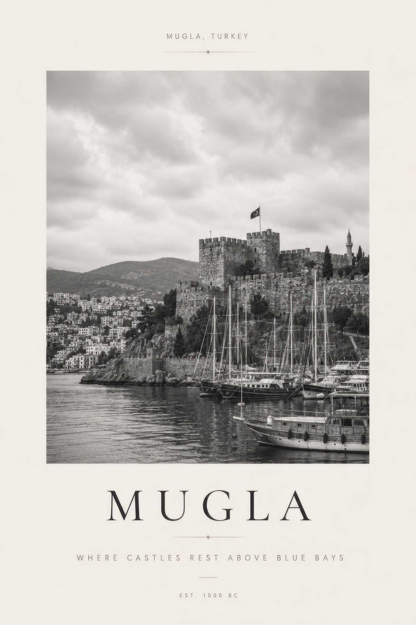 Gri Beyaz Muğla Kalesi ve Liman Manzarası Nostaljik Duvar Tablosu