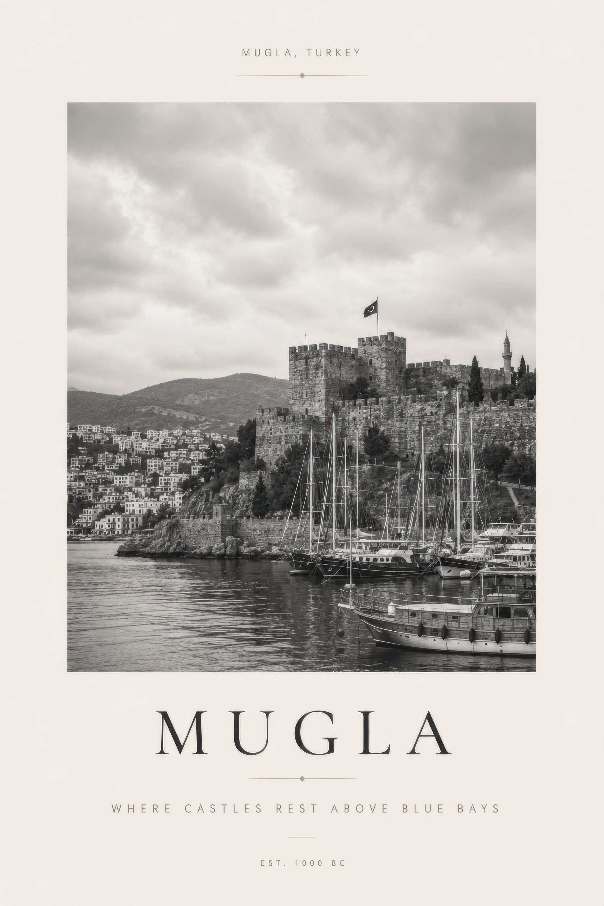 Gri Beyaz Muğla Kalesi ve Liman Manzarası Nostaljik Duvar Tablosu