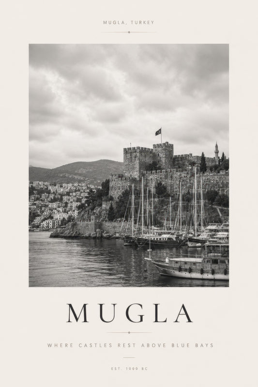 Gri Beyaz Muğla Kalesi ve Liman Manzarası Nostaljik Duvar Tablosu