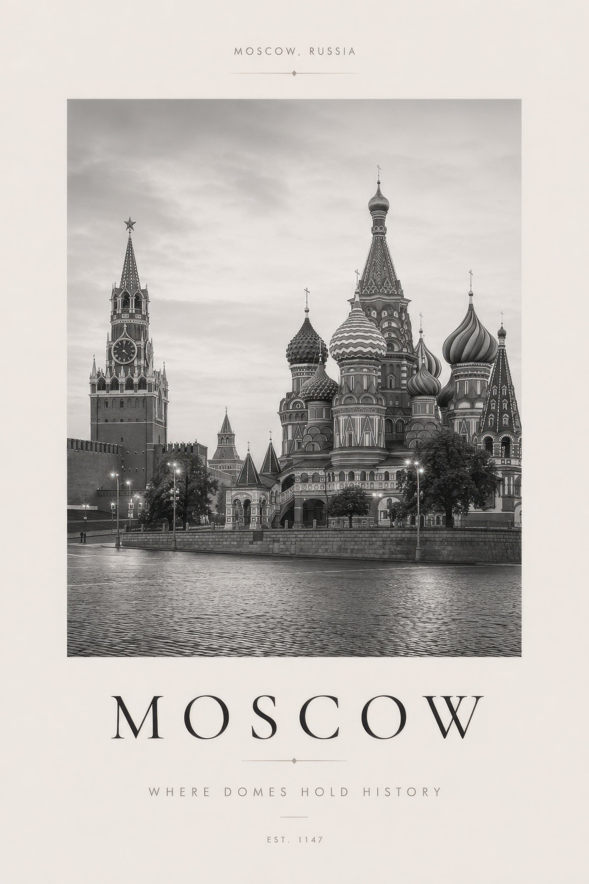 Gri Bej Moskova Kremlin ve Aziz Vasil Katedrali Mimari Duvar Tablosu