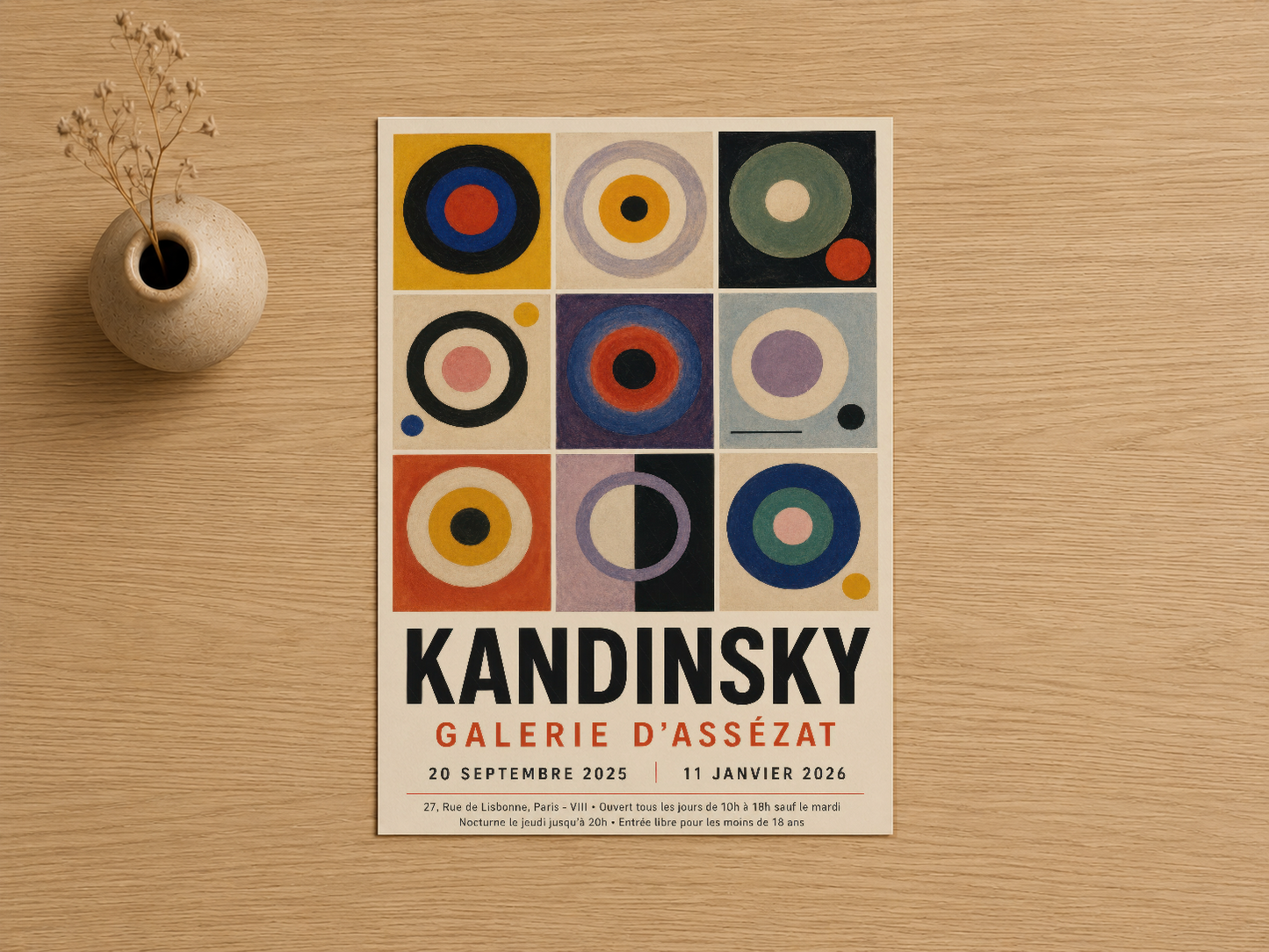 Kandinsky'nin renkli geometrik dairelerinden oluşan klasik sanat tablosu, galeri sergisi afişi tarzında tasarlandı.