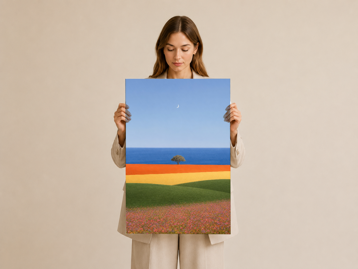 Deniz, çiçek tarlası ve dağ ufkunu gösteren çok renkli minimalist sanat tablosu, ellerinde tutulmuş halinde görülmektedir.