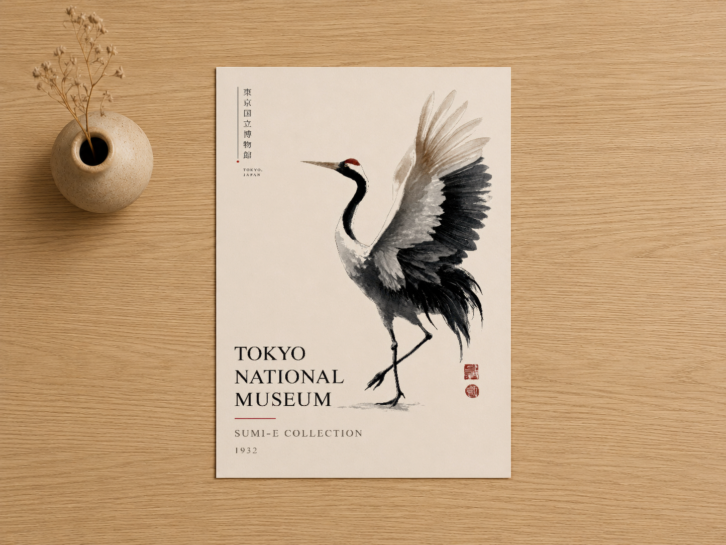 Zarif turna motifini özde yansıtan Japon koleksiyonu sanat tablosu, Sumi-e tekniğiyle yapılmış siyah beyaz tasarım.