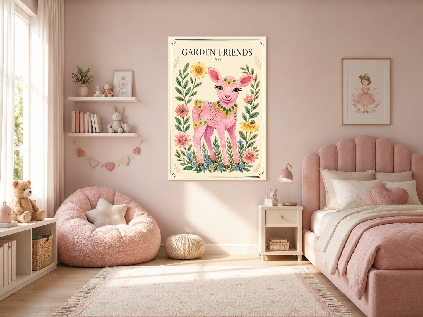 Vintage Garden Friends tablosu, pembe tonlu genç kız odasının duvarında, yatak üstünde yer alıyor.