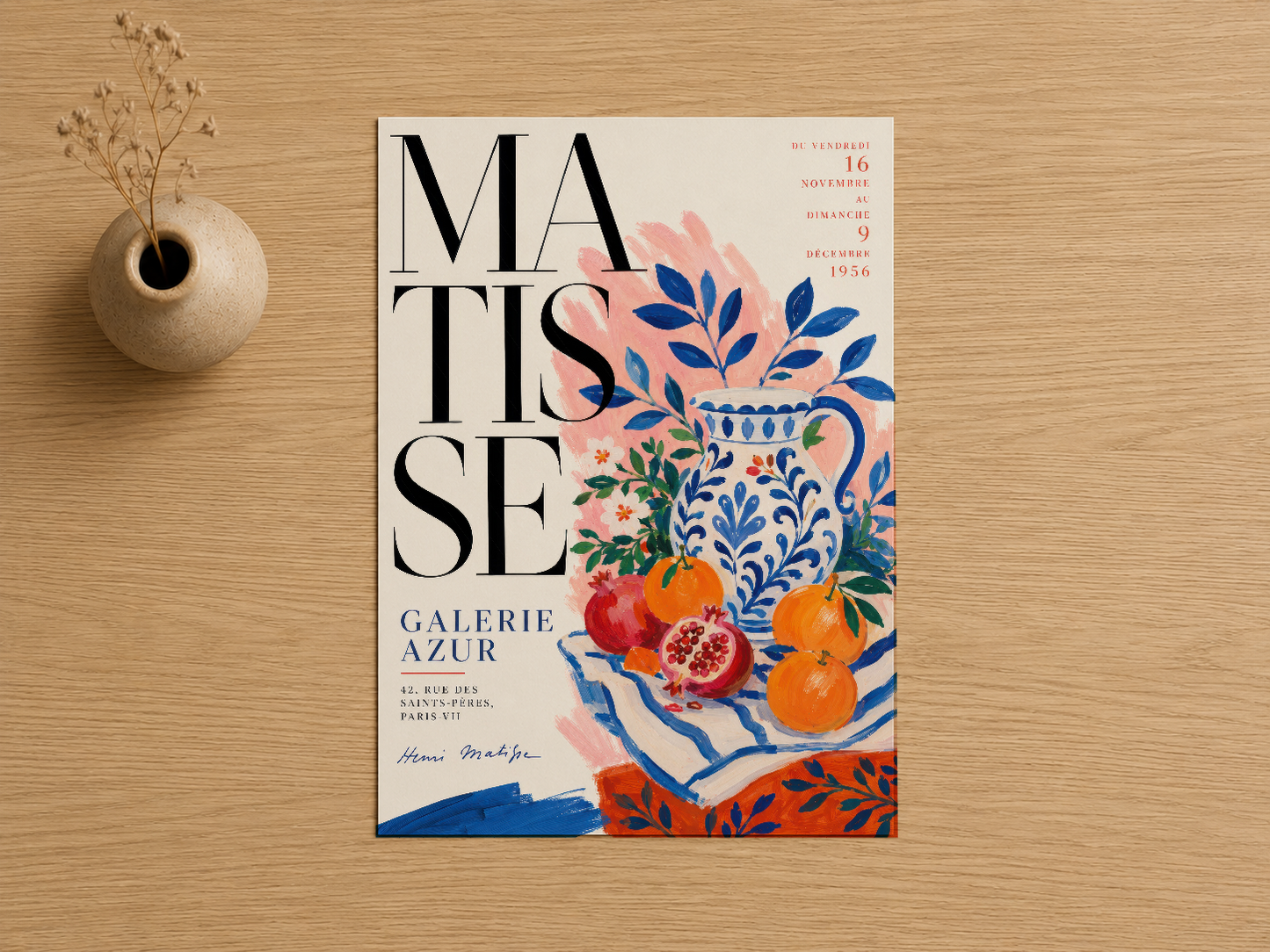 Matisse Galerie Azur tablosu, renkli çiçek ve seramik motiflerle sanat tarihine uygun tasarım.