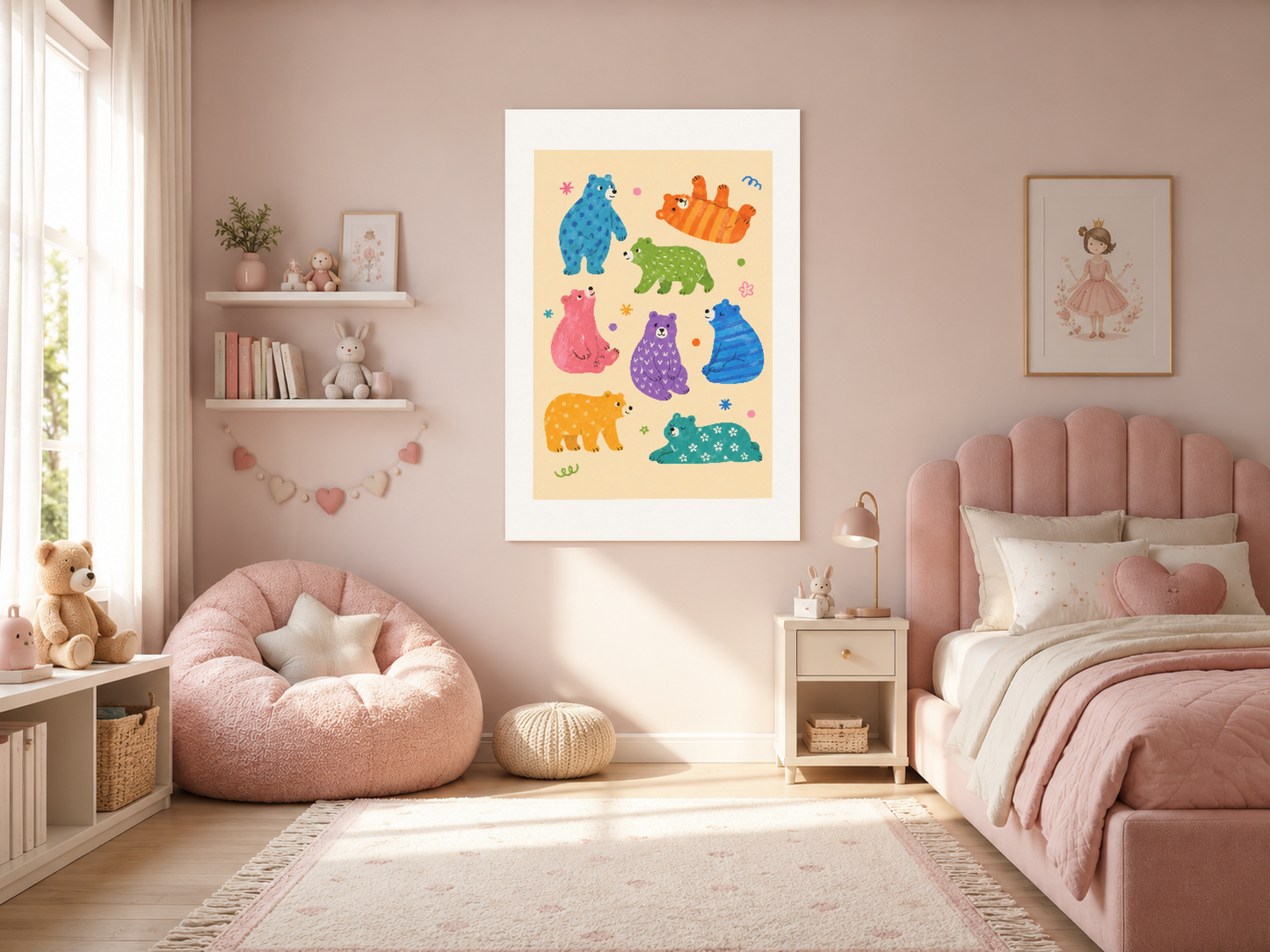 Pembe tonlu kız çocuk odasında, yatak başı üzerinde asılı olan renkli hayvan karakterleri içeren dekoratif duvar tablosu.