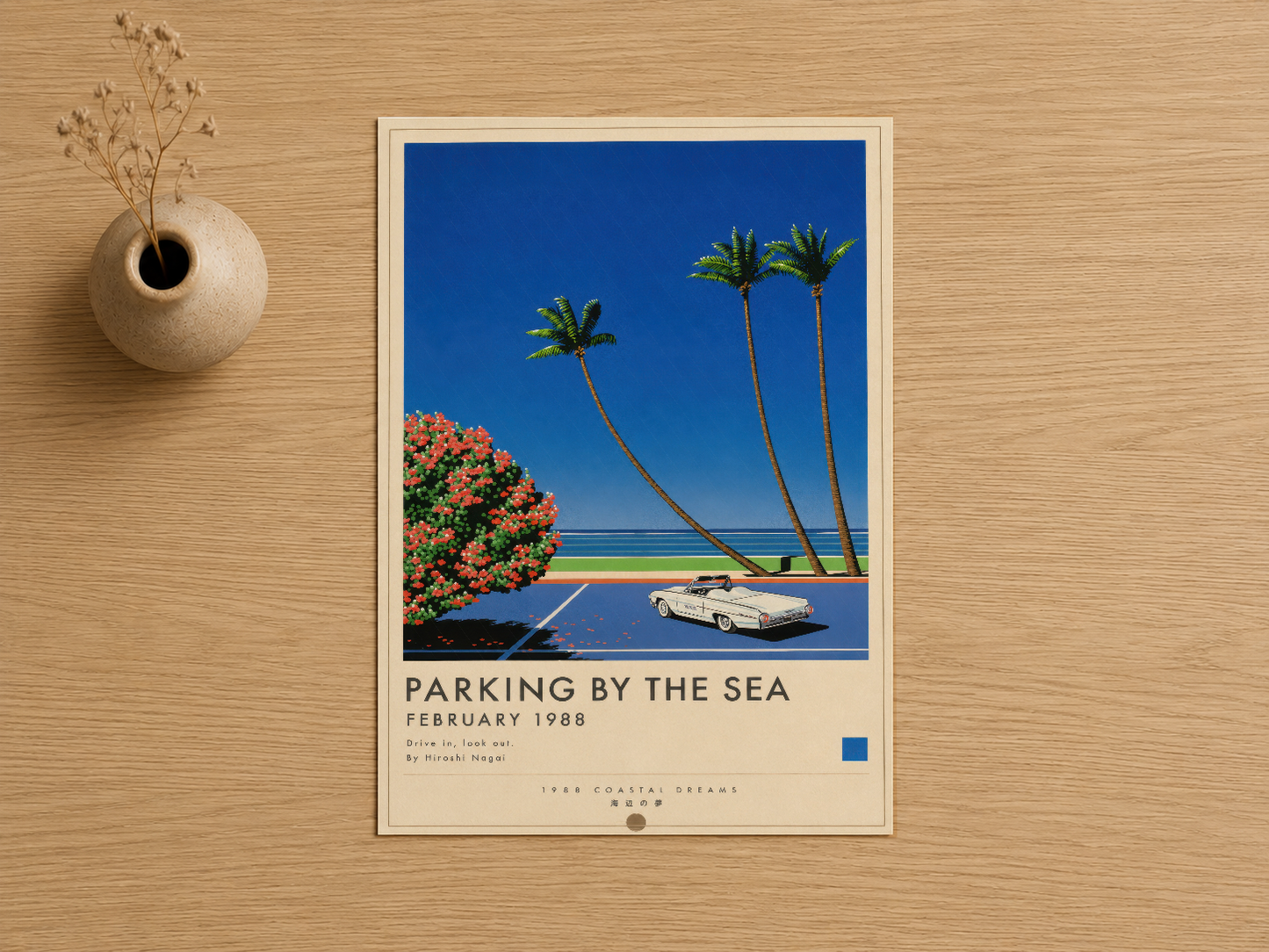 1988 tarihli Parking by the Sea temalı sanat baskısı, vintage tarzda sahil ortamını gösteren çerçeveli poster.
