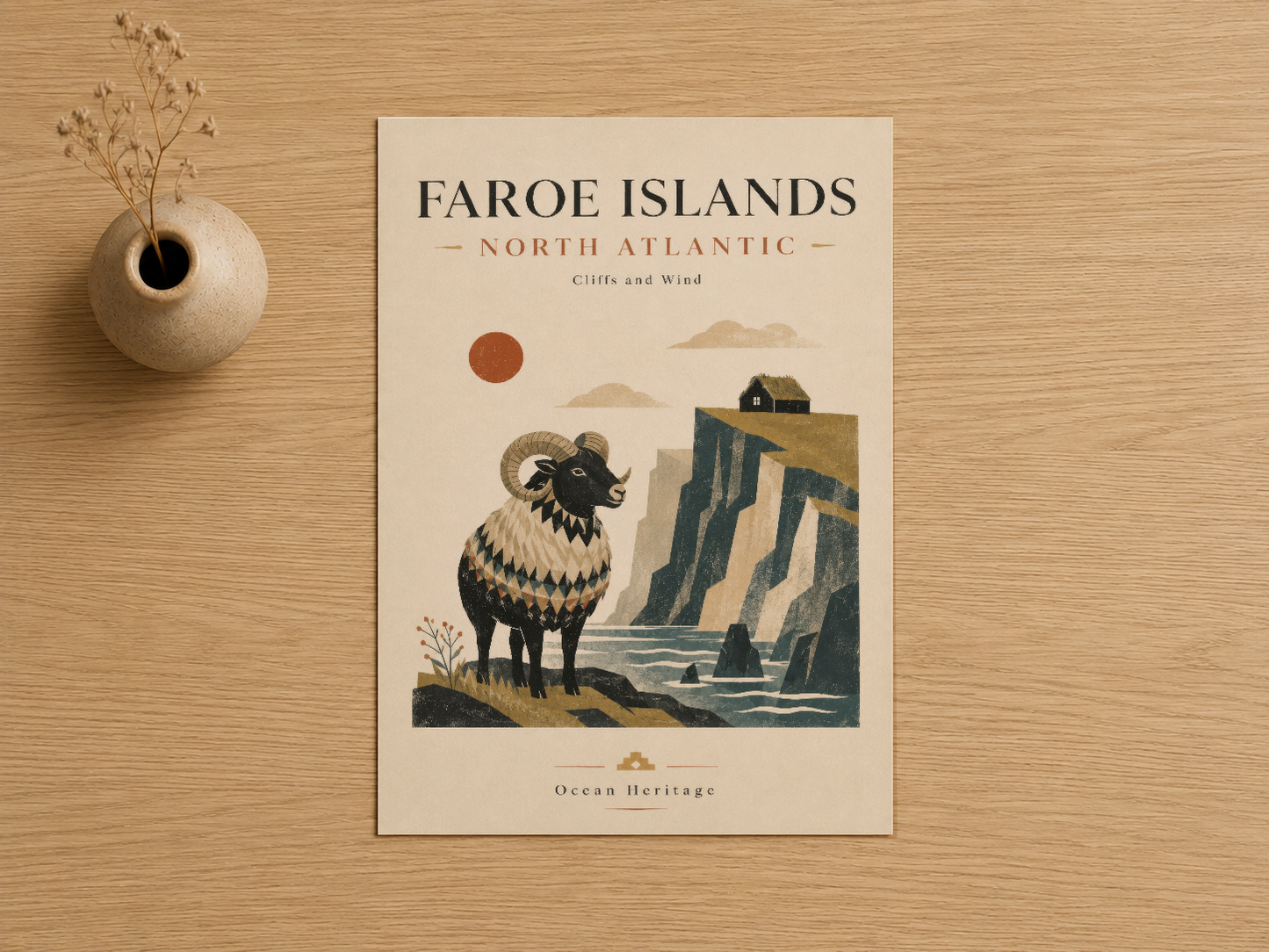 Faroe Islands tablosu, ahşap arka planda koyun ve uçurum illüstrasyonu içeren sanat baskısı detayı.