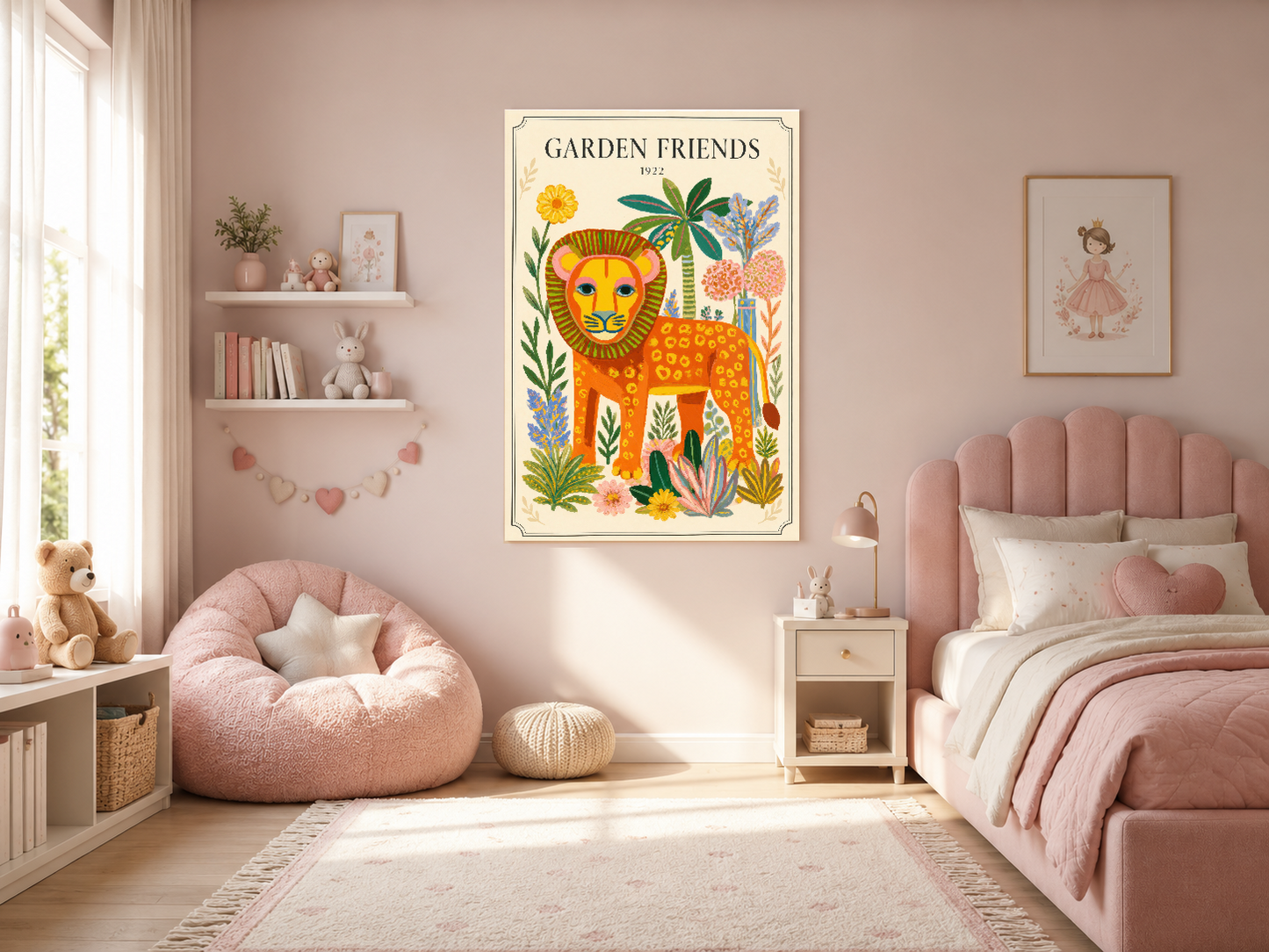 Garden Friends aslanı tablosu, pembe kız çocuk odasında pembe başlık ve peltek sandalyesi üstünde sergileniyor.