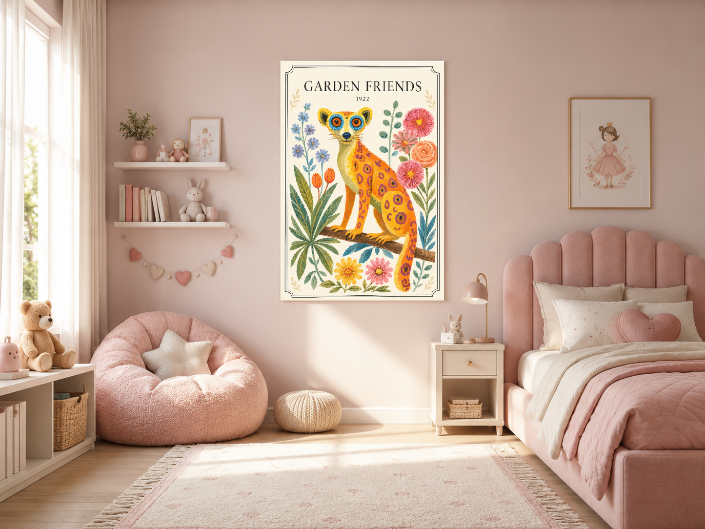 Sarı Pembe Leopar ve Çiçekler Botanik Vintage Duvar Tablosu