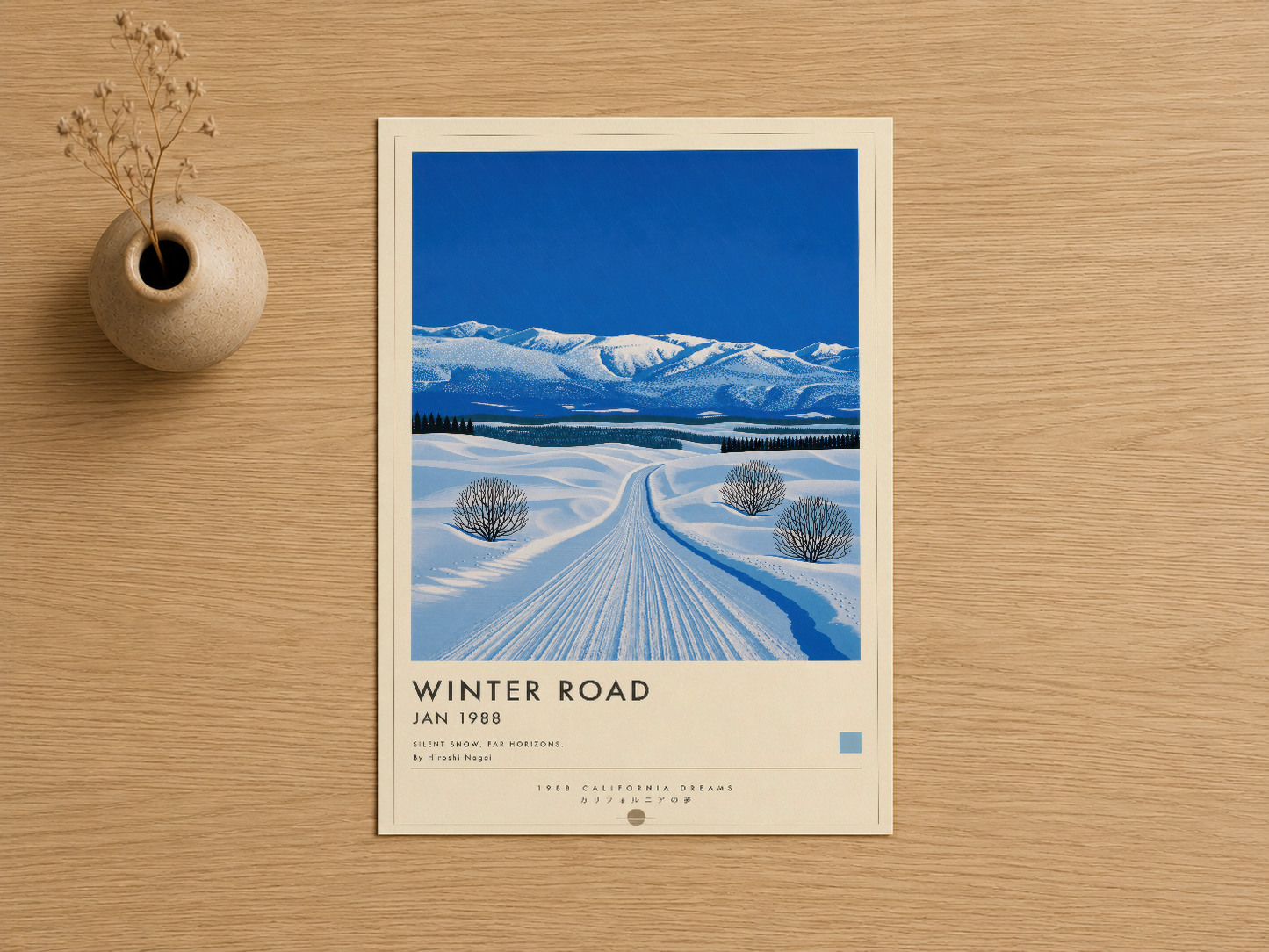 Snowy yol ve dağ manzarası görselli Winter Road sanat baskısı, vintage retro poster stili.