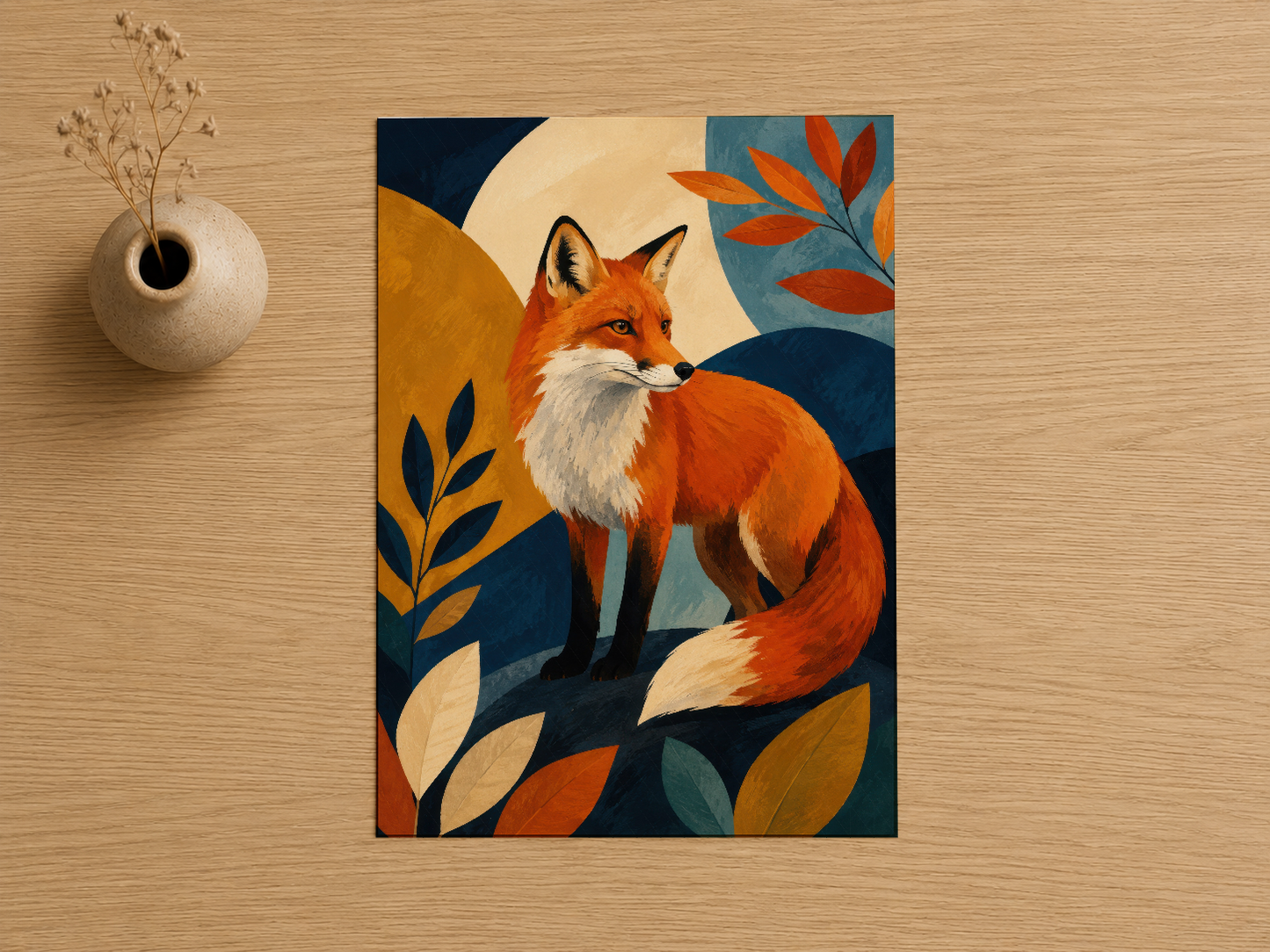 Renkli Art Deco tilki tasarımı, turuncu, mavi ve sarı tonlarında boho sanat baskısı