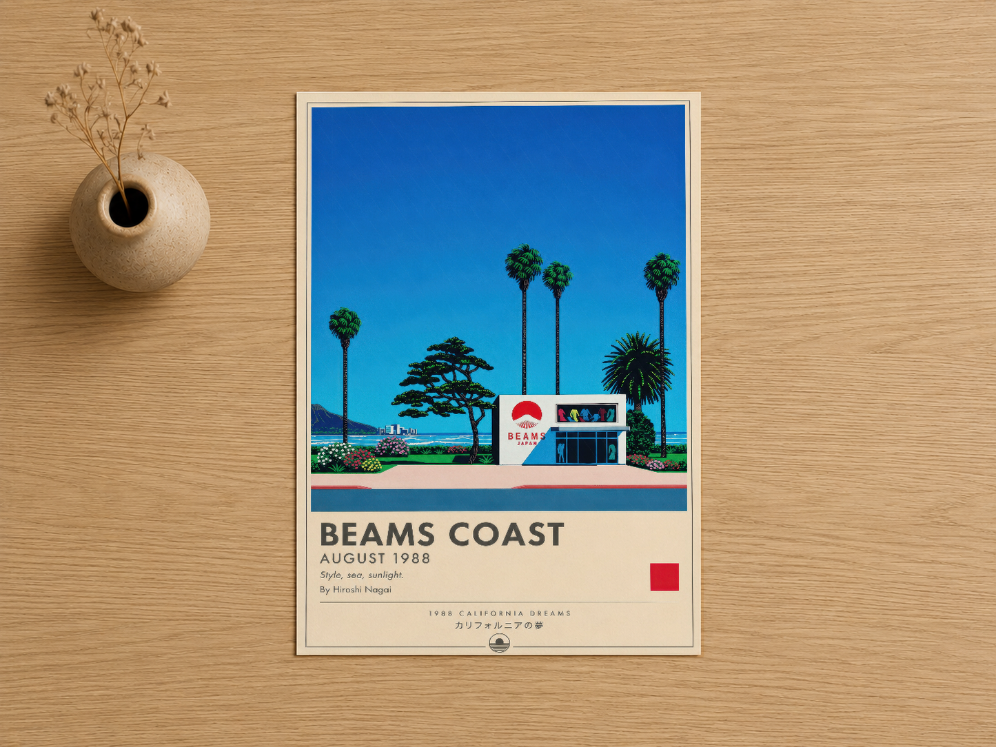 Beams Coast retro posteri, 1988 California temalı manzara tasarımı, parlak mavi gökyüzü ve palmiye ağaçları.