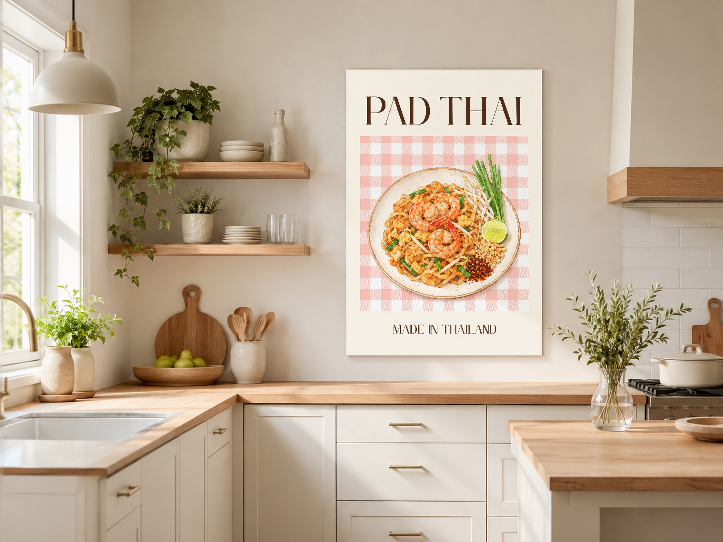 Pad Thai duvar sanatı, açık renkli mutfakta yemek temasını güzelleştiriyor.