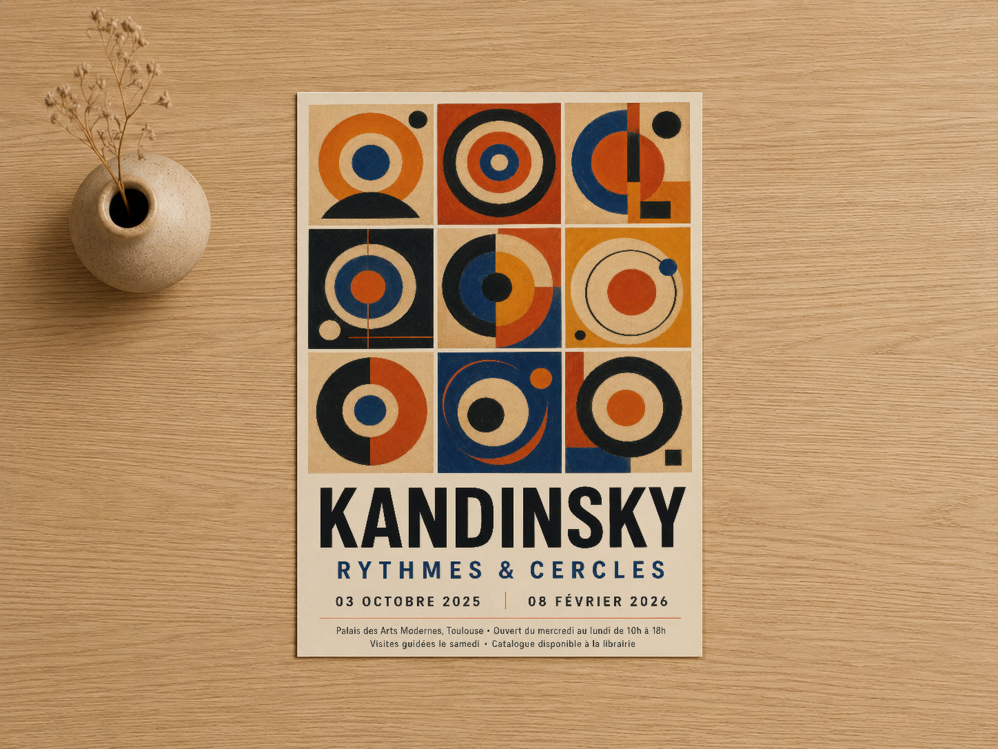 Kandinsky Ritimleri ve Çemberler posteri, sıcak ahşap yüzeyde, geometrik ve renkli tasarım detayı.