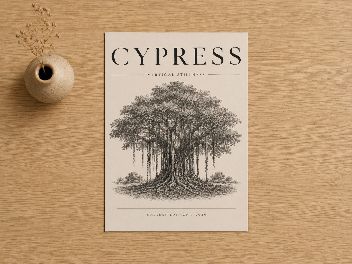 Cypress ağacının detaylı gravür stilinde çizilmiş portresini gösteren sanat baskısı, krem renkli arka planda şıklıkla sunulan