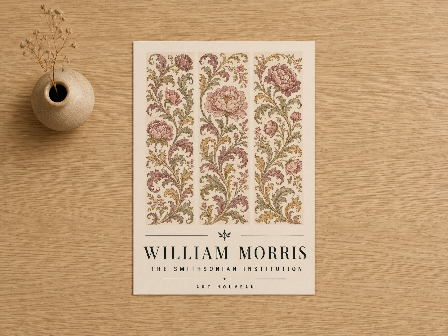 William Morris Art Nouveau tablo, pembe ve altın çiçek motifli üç panel tasarımı, klasik estetik.