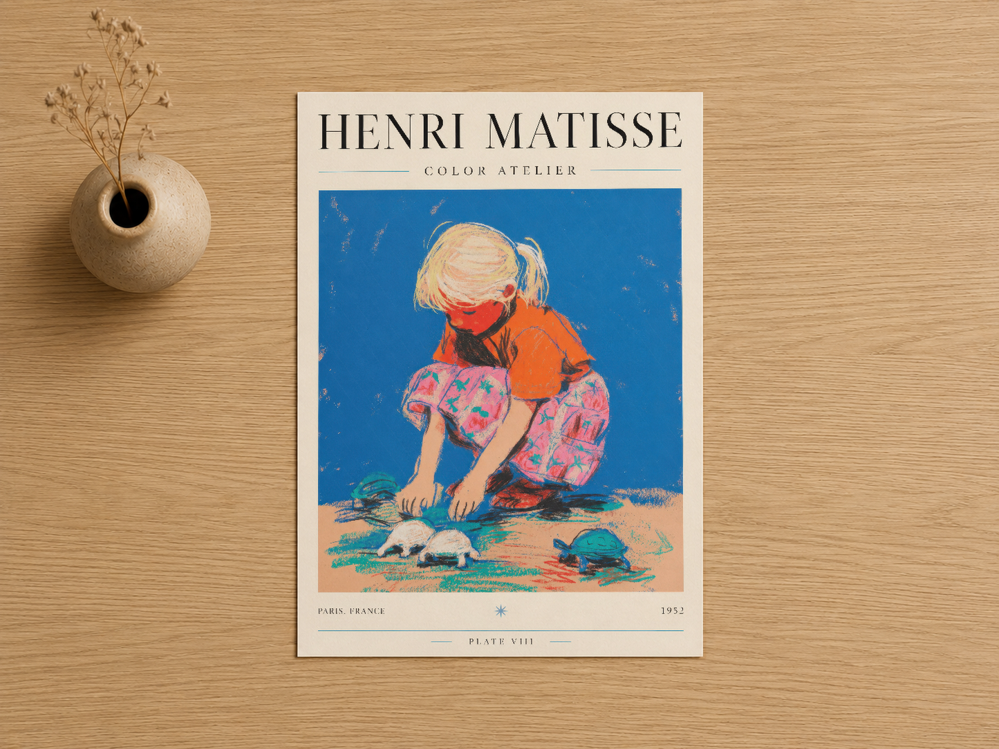 Matisse Color Atelier tablosu, 1952 Paris baskısı, çocuğu ve kumda oyuncakları gösteren dinamik mavi ve sıcak renk