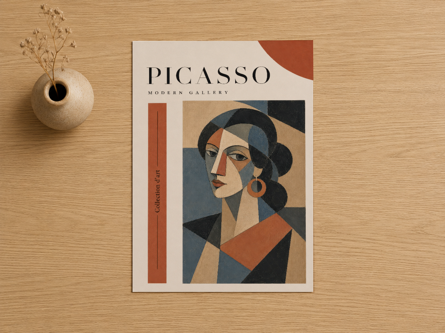 Picasso modern galerisi tablosu, renkli soyut portre; ahşap zeminde dekoratif vazolarla sergilendi.