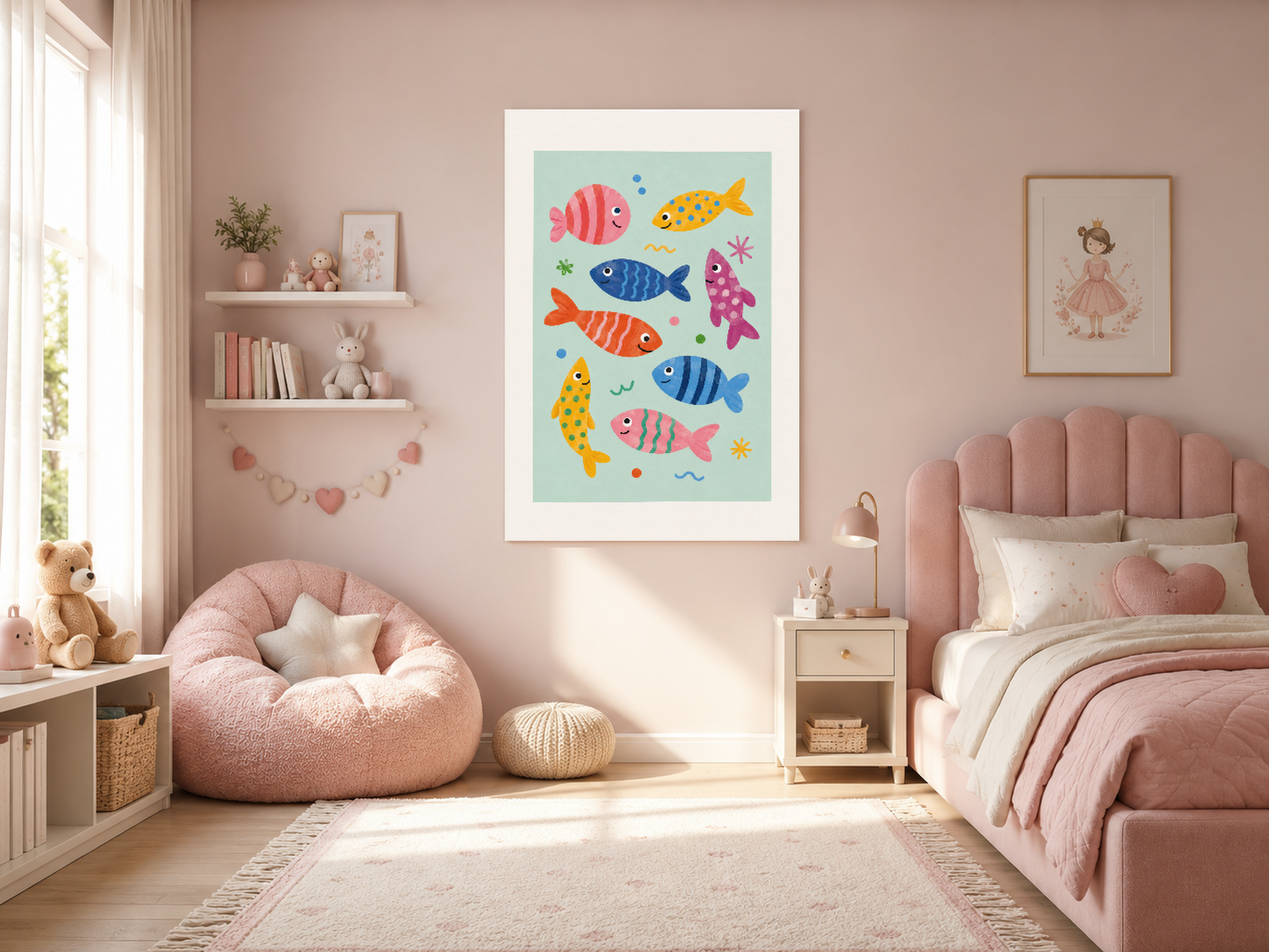 Su yeşili fonda pembe, mavi, sarı ve kırmızı balıkların yer aldığı, çocuk yatak odası için ideal tablo.