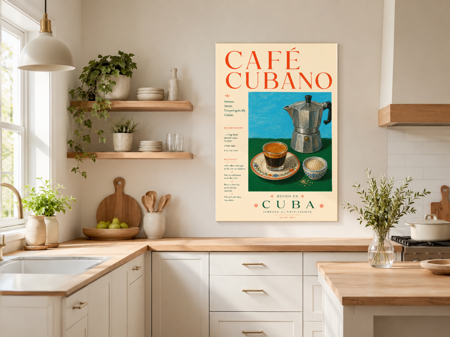 Café Cubano baskı, moka pot ve espresso fincanı görseli ile nostaljik atmosfer sunar.
