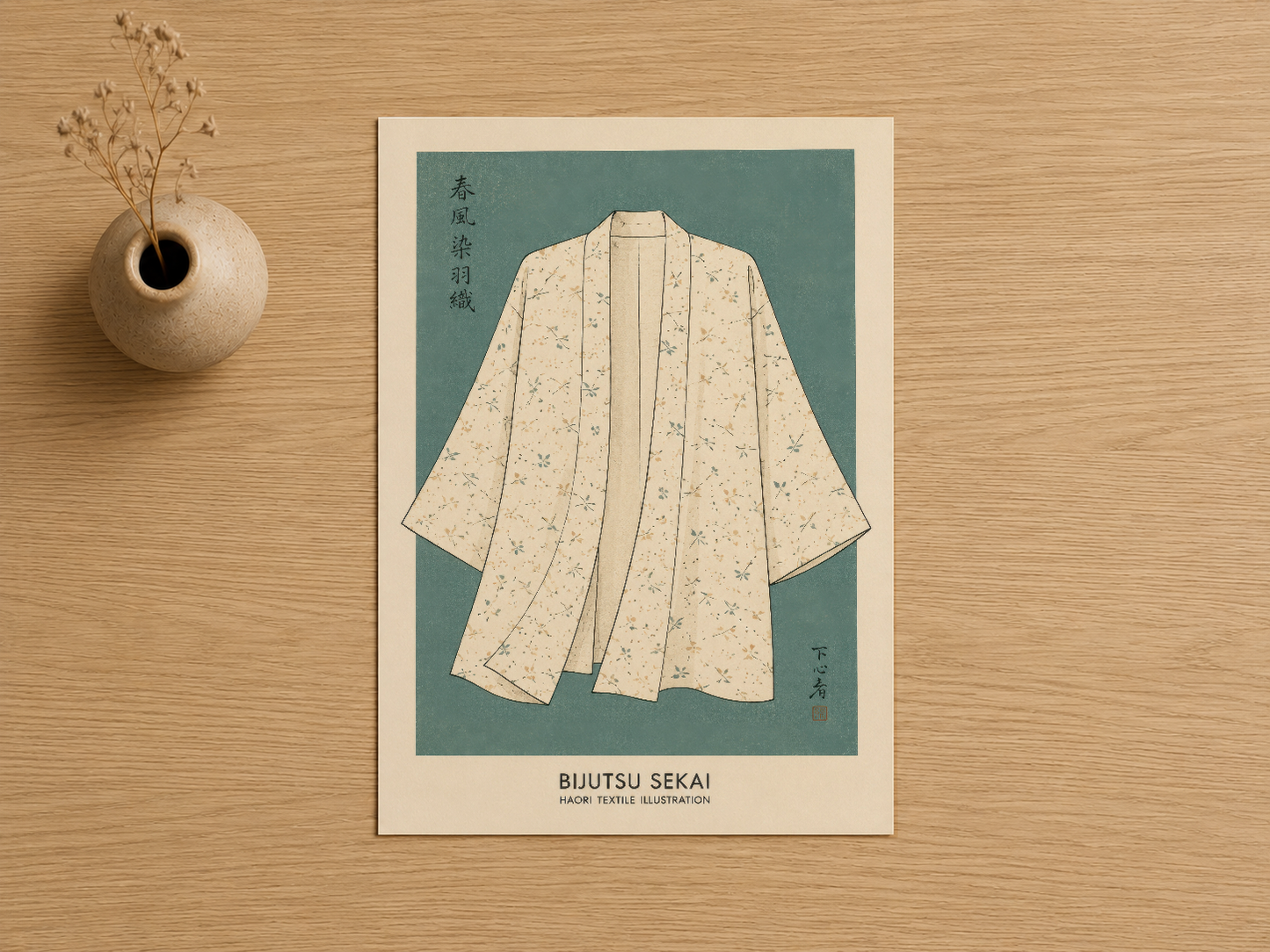Bijutsu Sekai japon tekstil baskısı, Haori el-çizim kimono illüstrasyonu, bej ve yeşil tonal poster.