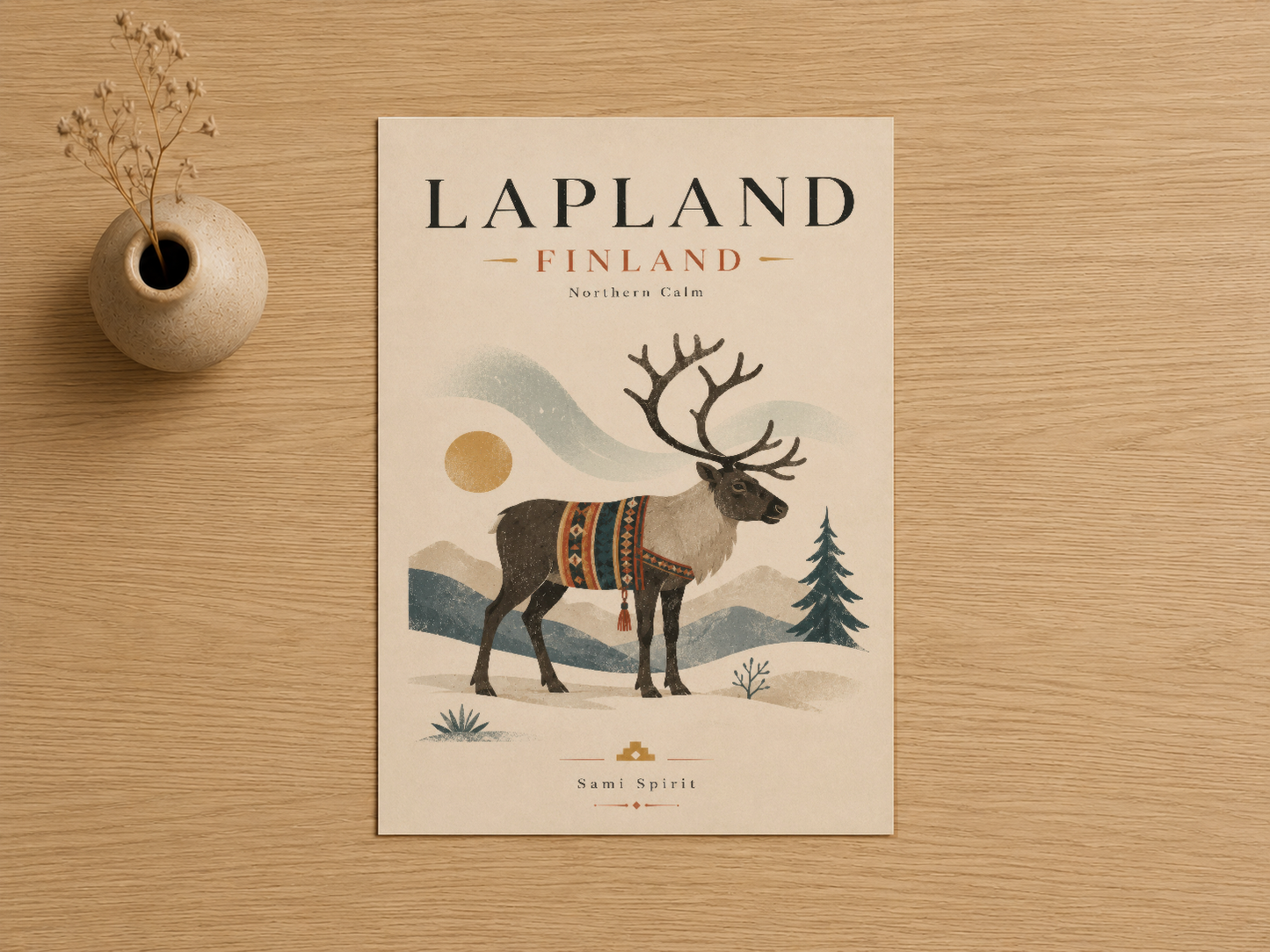 Lapland Finland poster, geyik figürü ve bohem desenlerle kuzey doğasının özünü sakin tonda sunan tasarım.