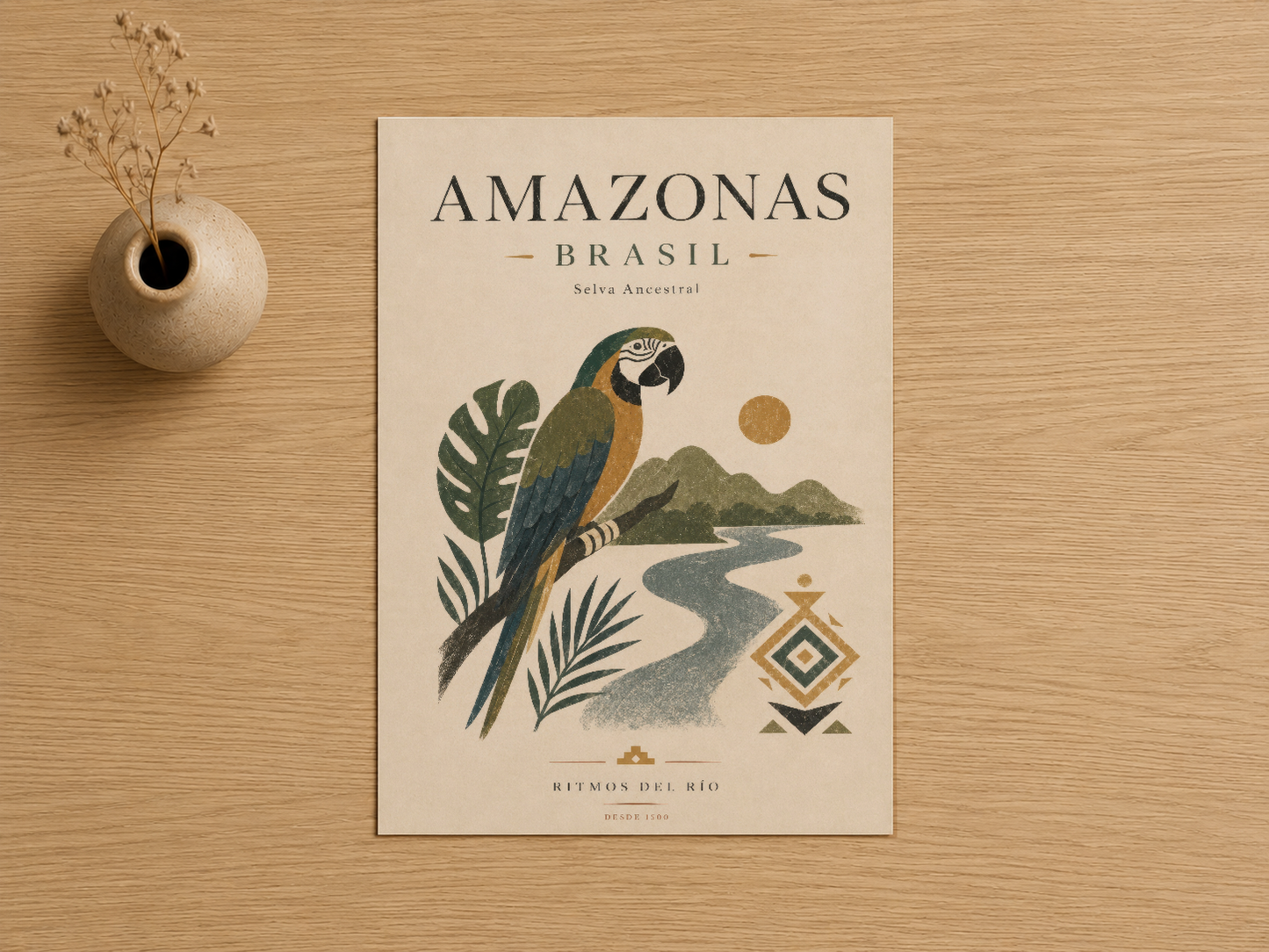 Amazonas Brasil tablosu, renkli papağan, yapraklar ve coğrafi motiflerle sanatsal tasarımı gösteren poster.