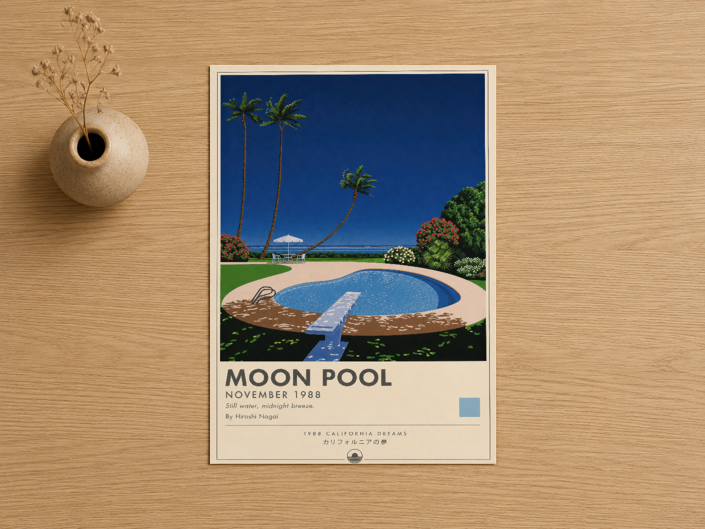 Moon Pool posteri, ahşap zeminde; tarih yazısı ve sanatçı imzasıyla 1988 California Rüyaları koleksiyonunun etkileyici bir