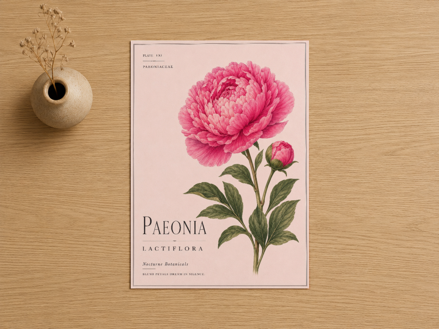 Paeonia lactiflora botanik tasarımlı duvar tablosu, pembe zemin üzerine detaylı çiçek illüstrasyonu.