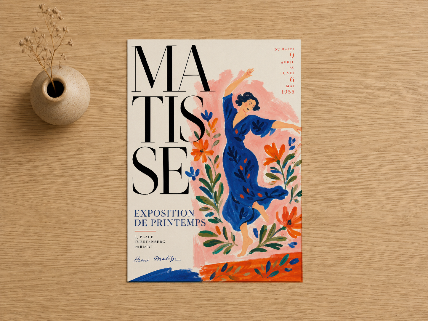Matisse Sergisi posteri, Aralık 1953 Paris sergisini işaret eden geometrik tipografi ve rengarenk botanik öğelerle