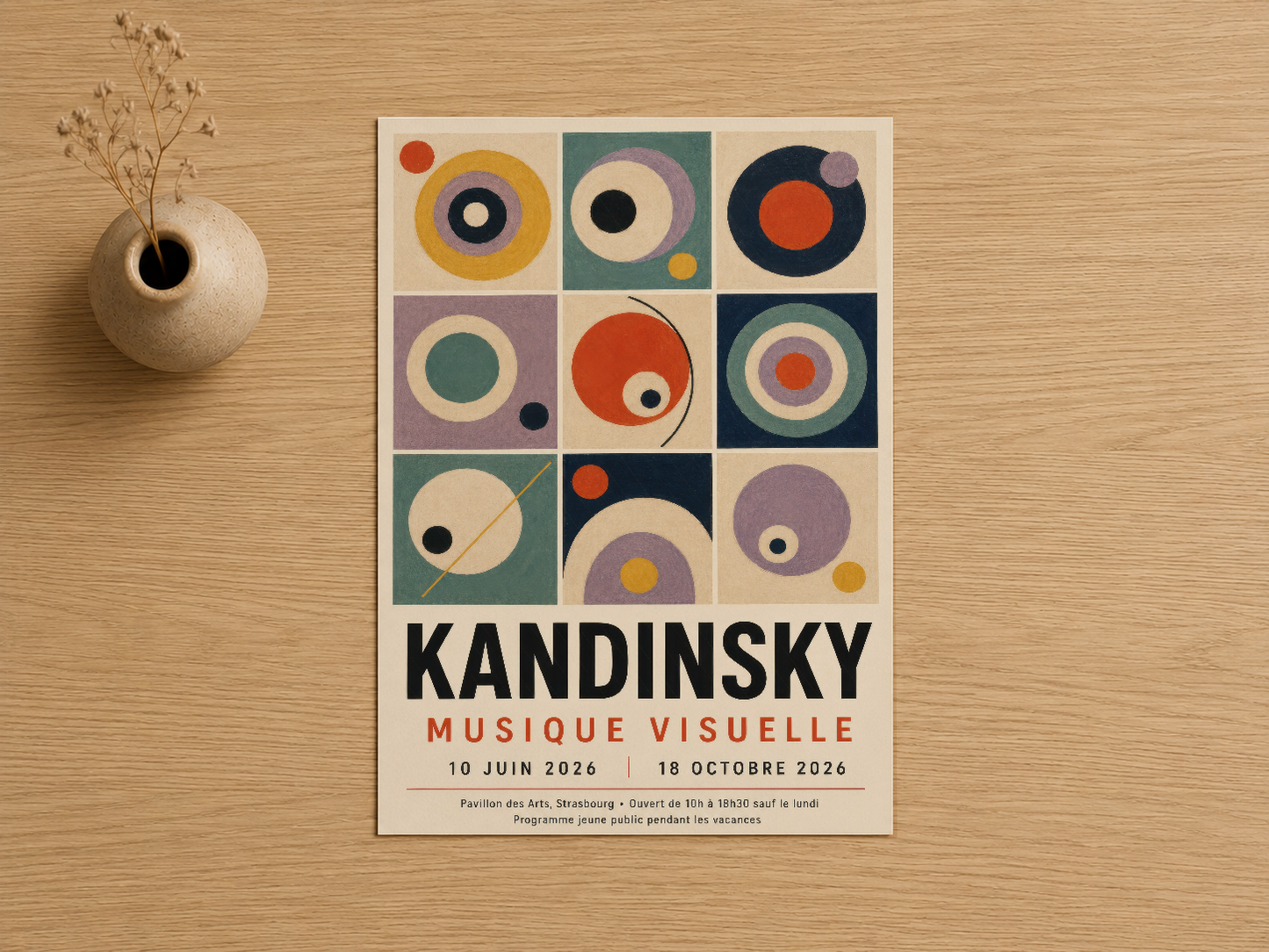 Kandinsky Musique Visuelle poster, soyut daire motiflerinden oluşan canlı 9-grid tasarım, sanat müzesi sergisinin ikonik