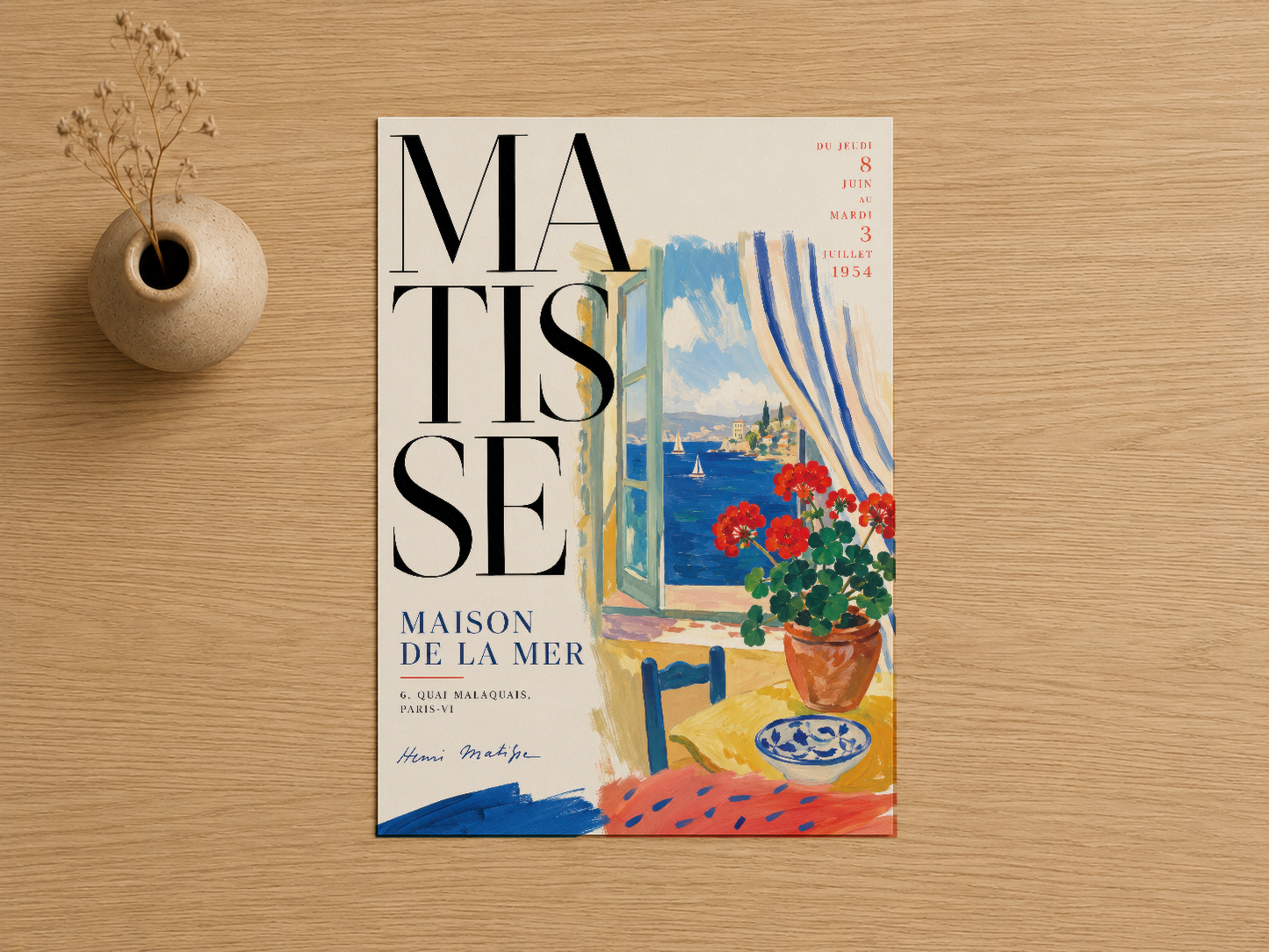 Matisse Maison de la Mer posteri, geometrik yazı tipli çerçeveli duvar sanatı, açık ufuk manzaralı.