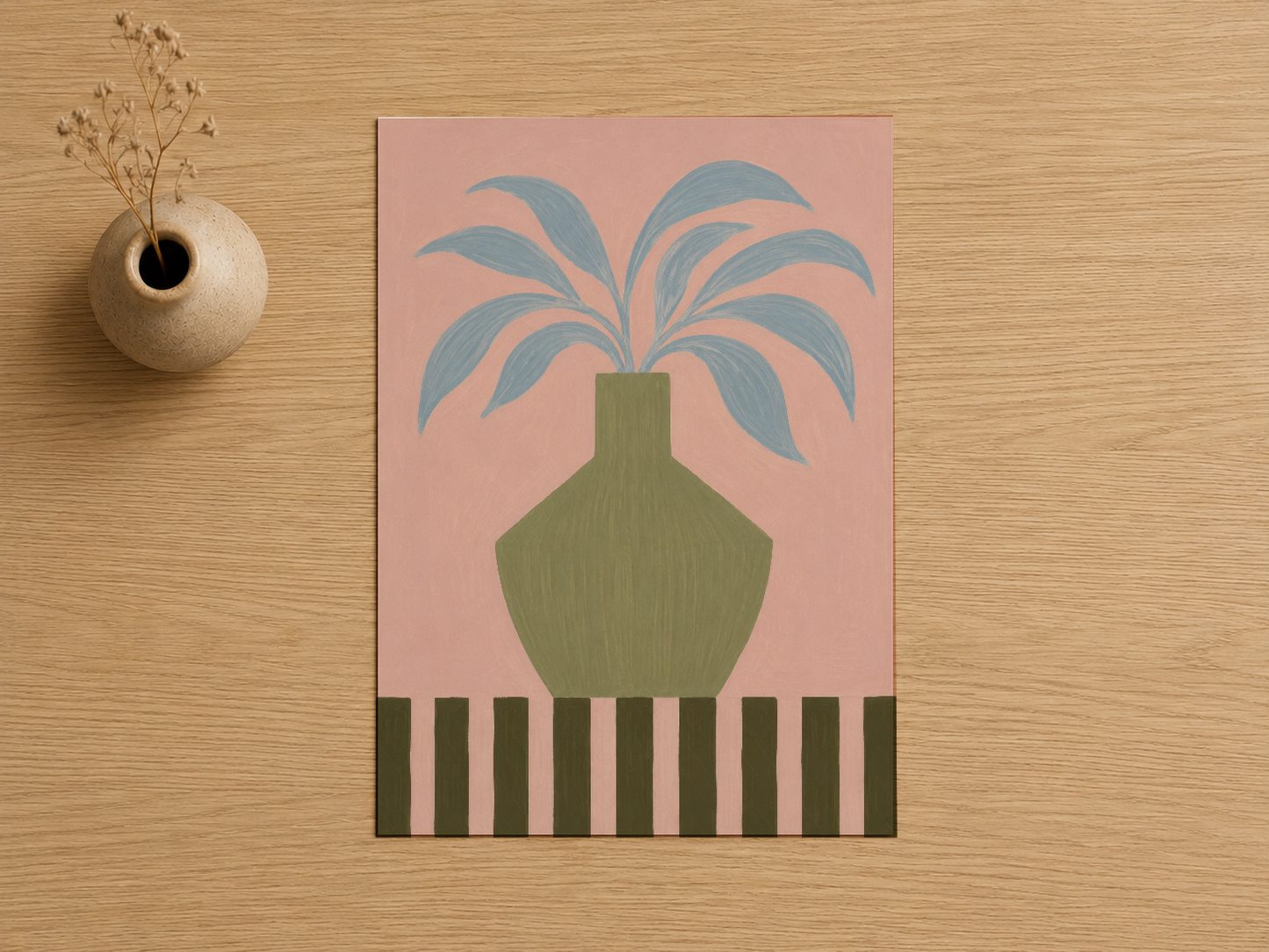 Geometrik palmiye motifli duvar tablosu, pembe ve yeşil tonlarında minimalist botanik tasarım.