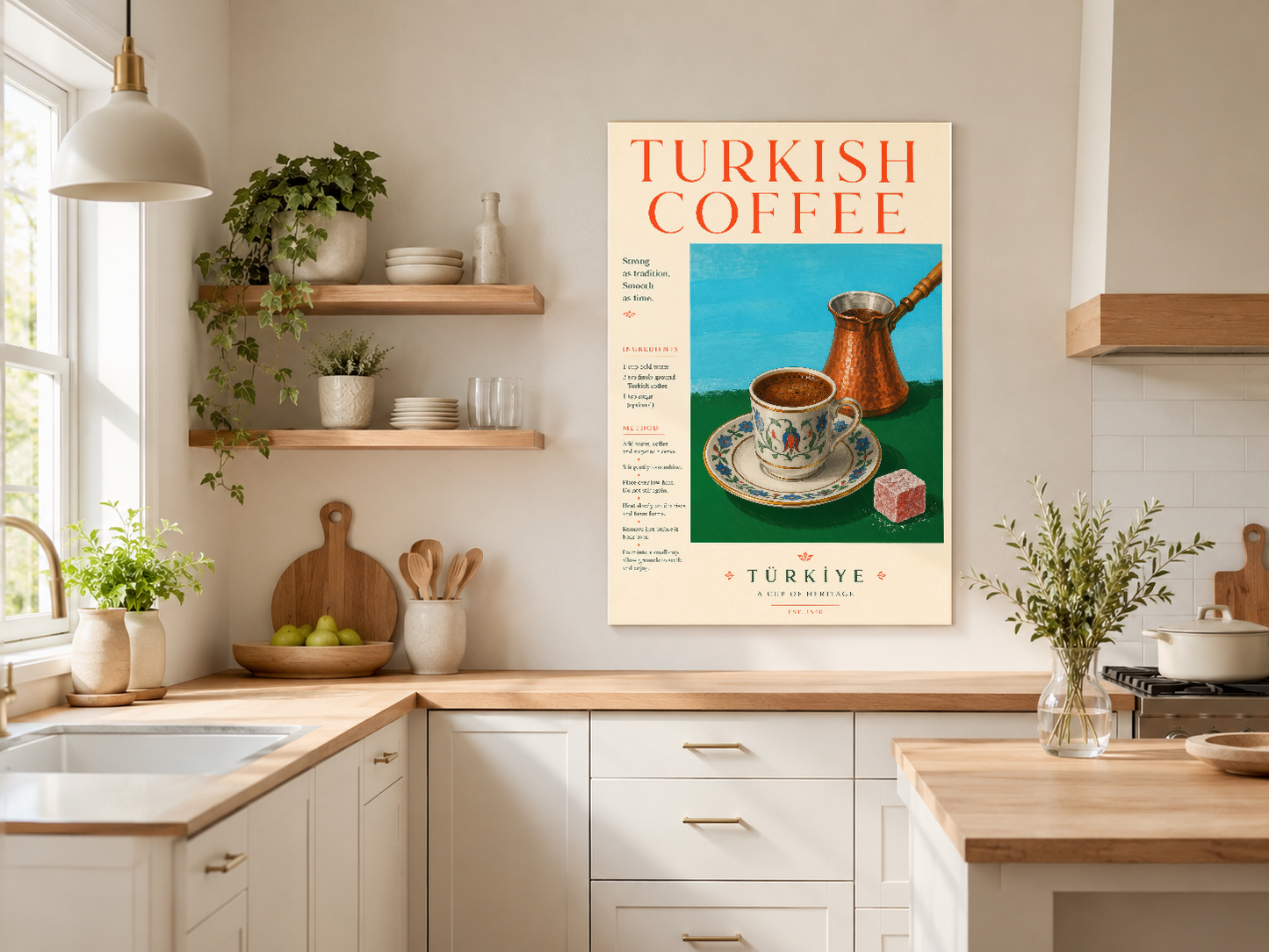 Türkiye kültürünü yansıtan Türk kahvesi posteri, açık ahşap ve beyaz mutfak mobilyasıyla uyumlu.