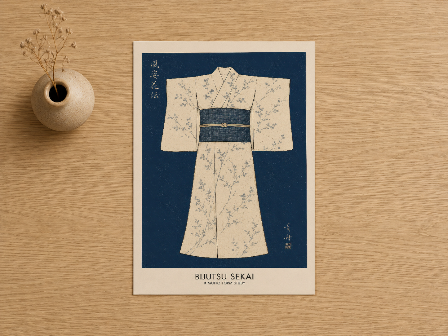 Beyaz ve lacivert kimono motifi, Japon sanat stiliyle tasarlanmış minimalist duvar baskısı.