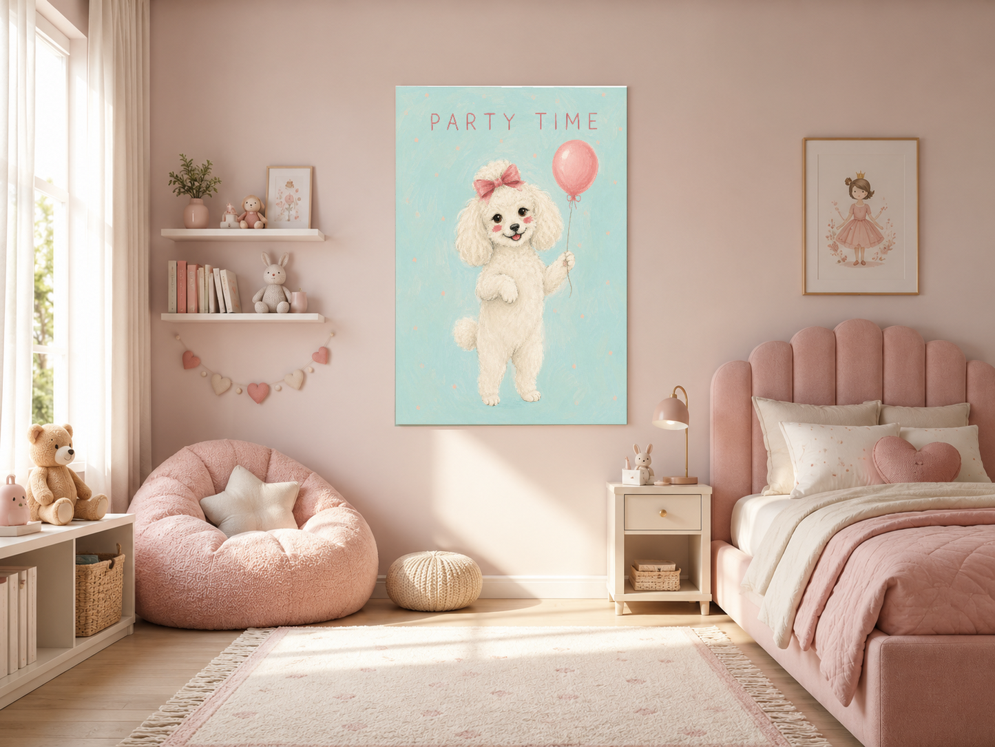 Pudl köpeği ve pembe balon temalı Party Time sanat baskısı, pembe çocuk yatak odasında sergilenir.